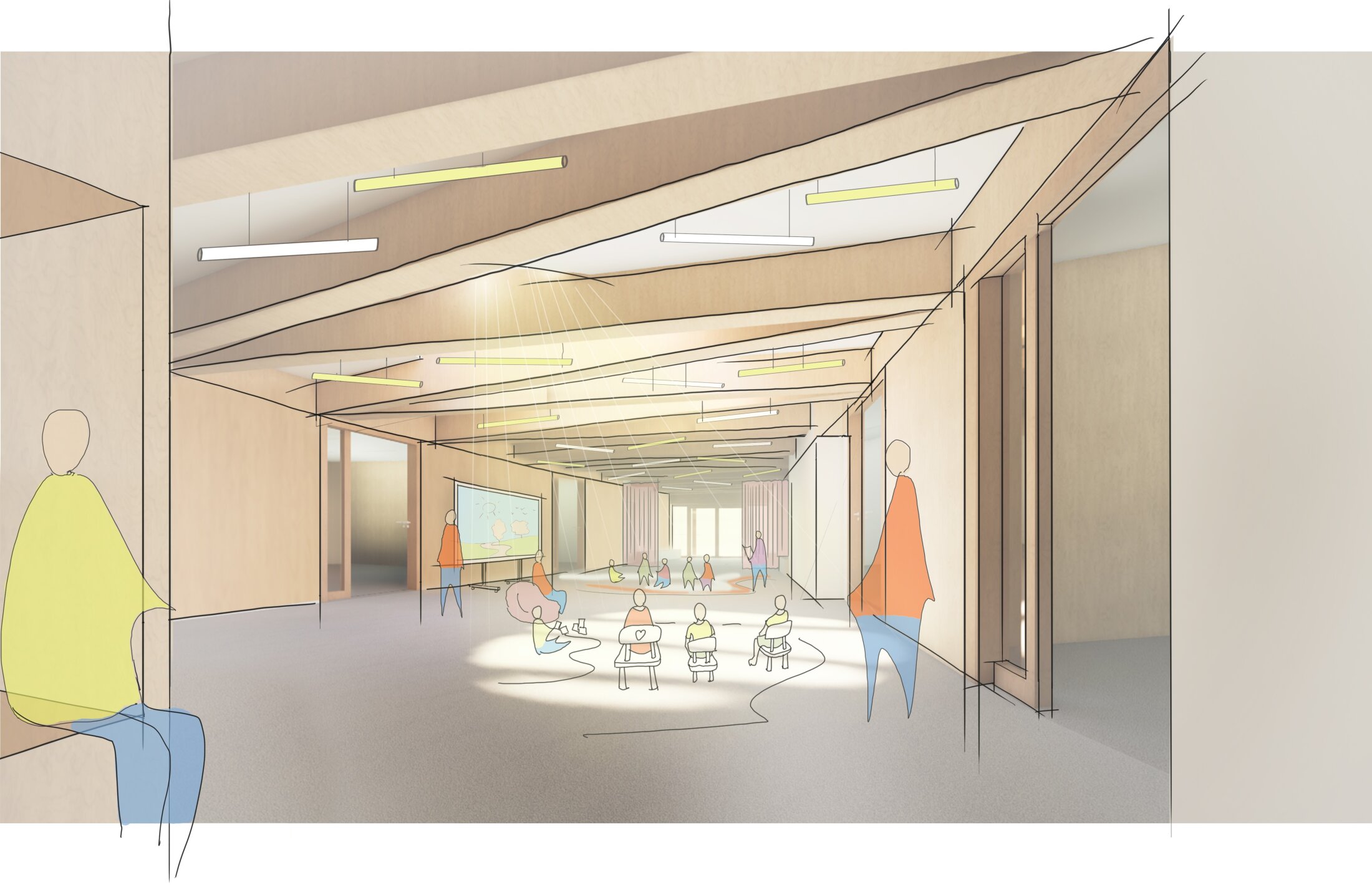 Project by Behnisch Architekturbuero, International School Augsburg. Architectural rendering of a corridor with seating area, children, and overhead lighting.