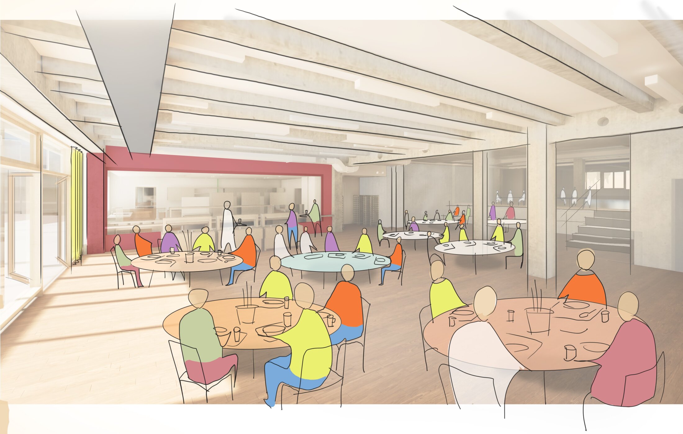 Project by Behnisch Architekturbuero, International School Augsburg. Architectural rendering of a dining hall with round tables, seated people, and open kitchen area.