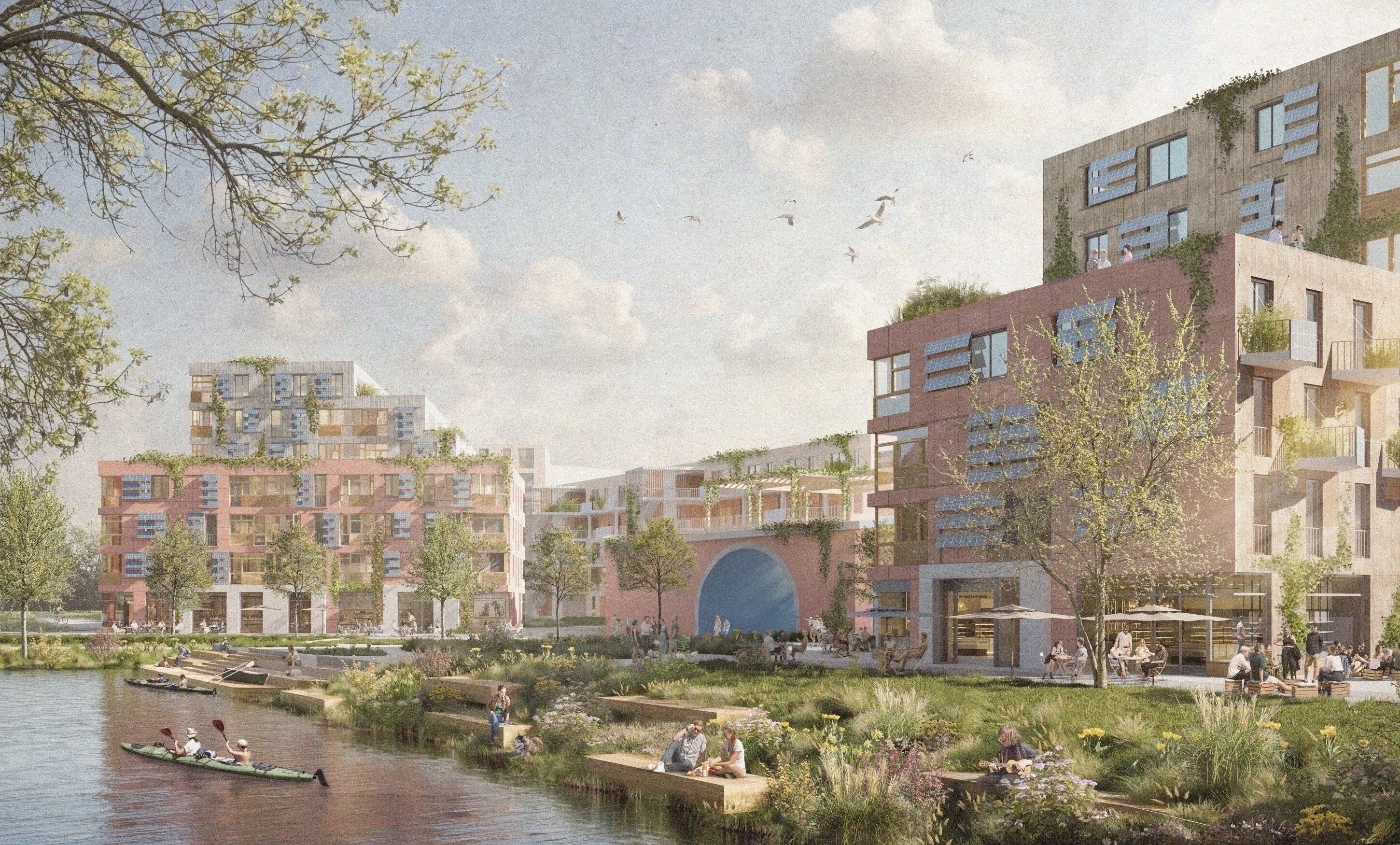 Project by Behnisch Architekturbuero, Circuit. Architectural rendering of a residential complex on the waterfront. In front of the building is a public square with people on the riverbank and kayaks on the water.
