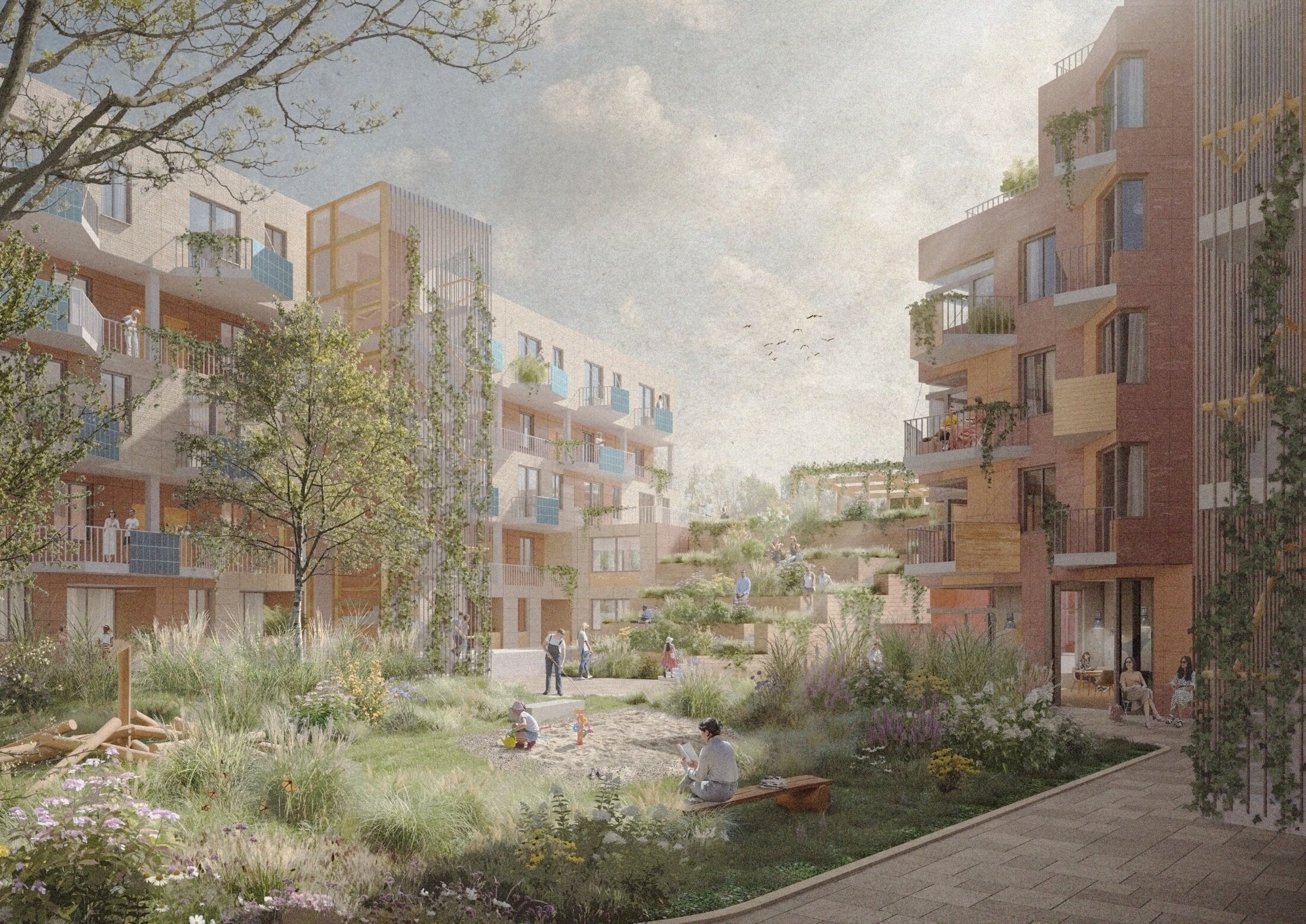 Project by Behnisch Architekturbuero, Circuit. Residential courtyard with landscaped garden, play area, and surrounding apartment buildings.