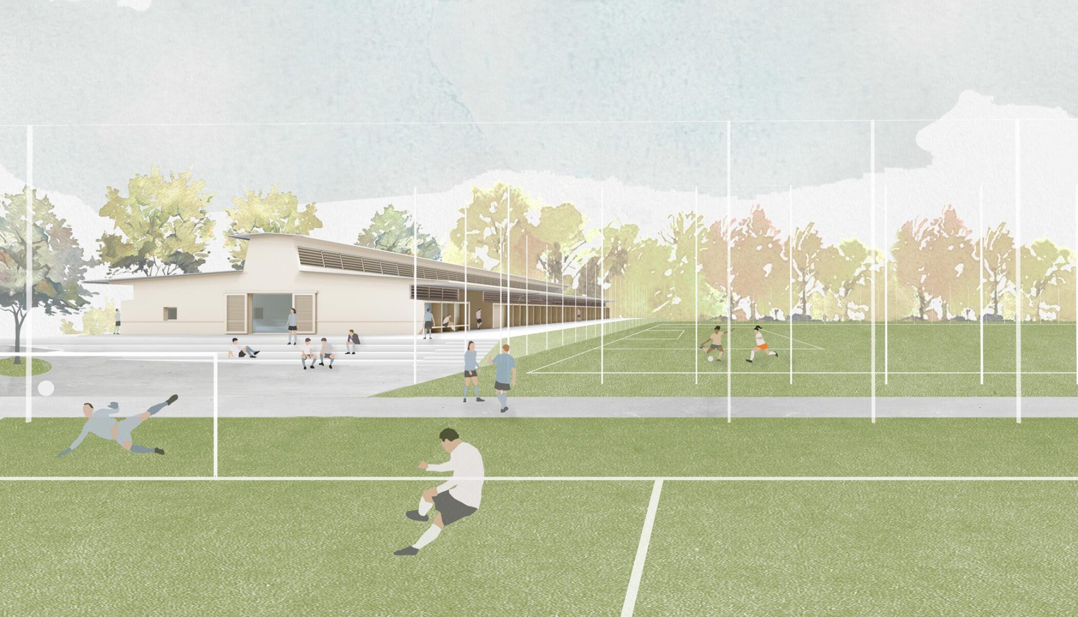 Project by Behnisch Architekturbuero, Juchhof. Illustration of a sports field with people playing soccer, a low building nearby, and trees in the background under an overcast sky.