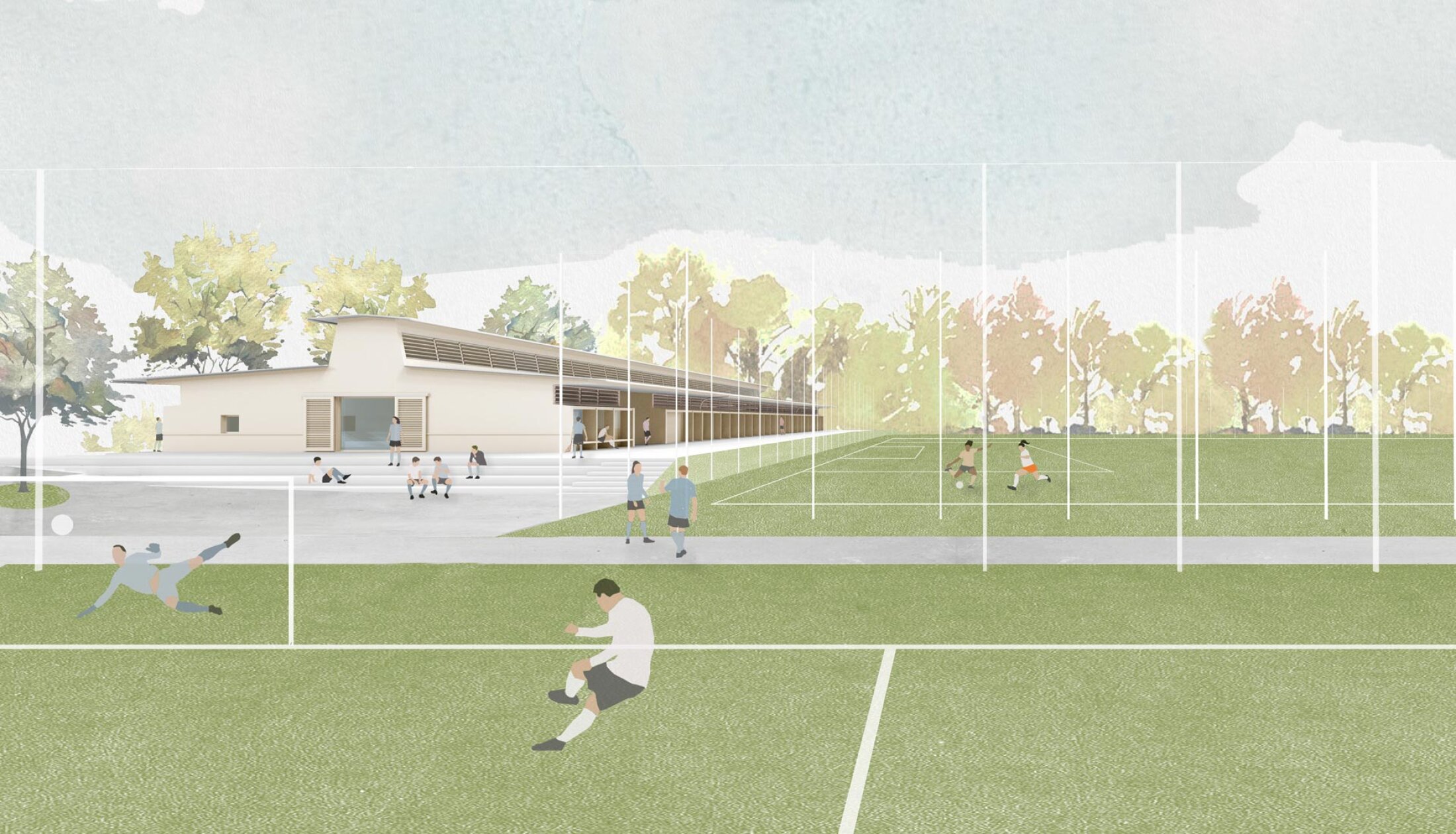 Project by Behnisch Architekturbuero, Juchhof. Illustration of a sports field with people playing soccer, a low building nearby, and trees in the background under an overcast sky.