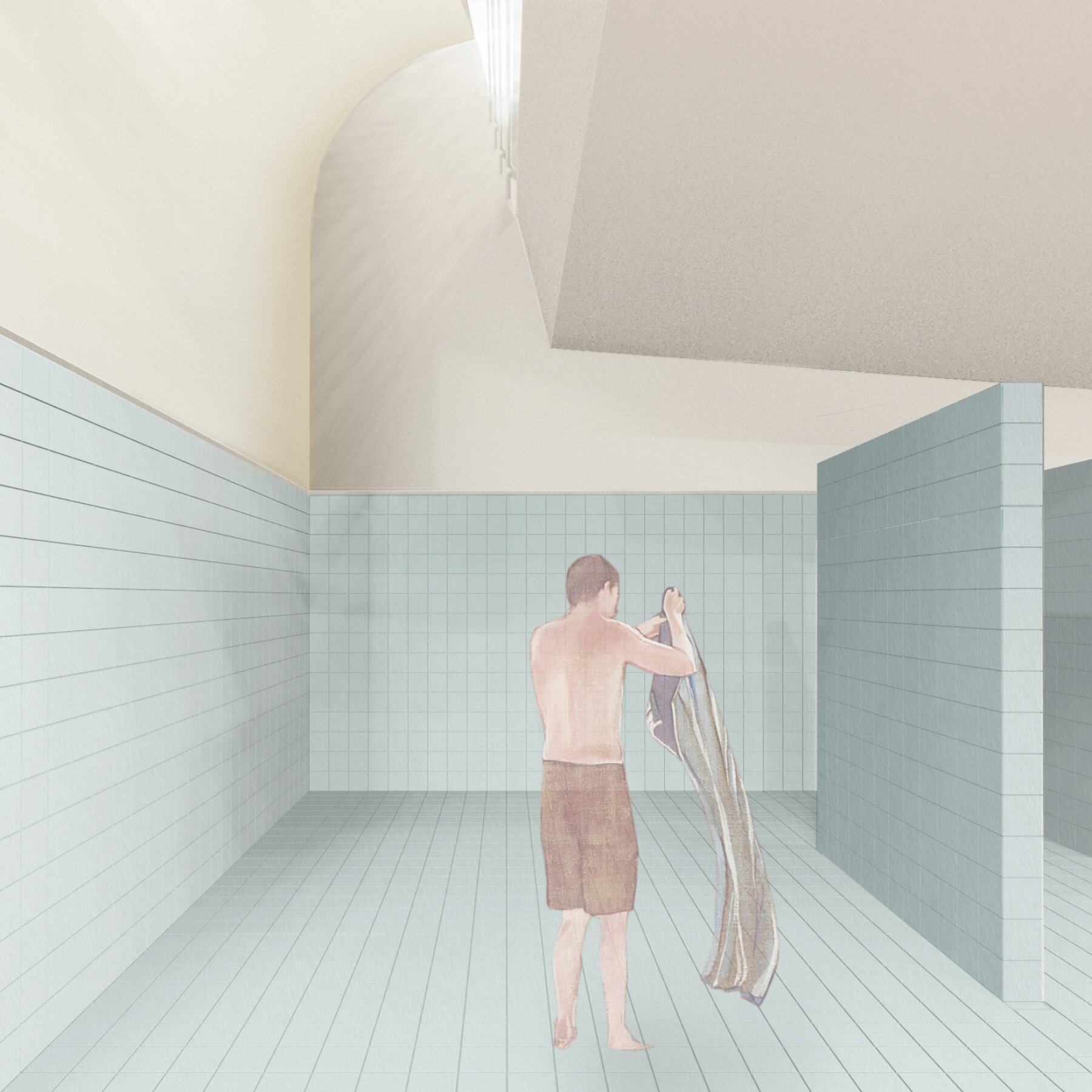 Project by Behnisch Architekturbuero, Juchhof. Illustration of a tiled changing room with high ceiling, showing a person standing barefoot and holding a towel.