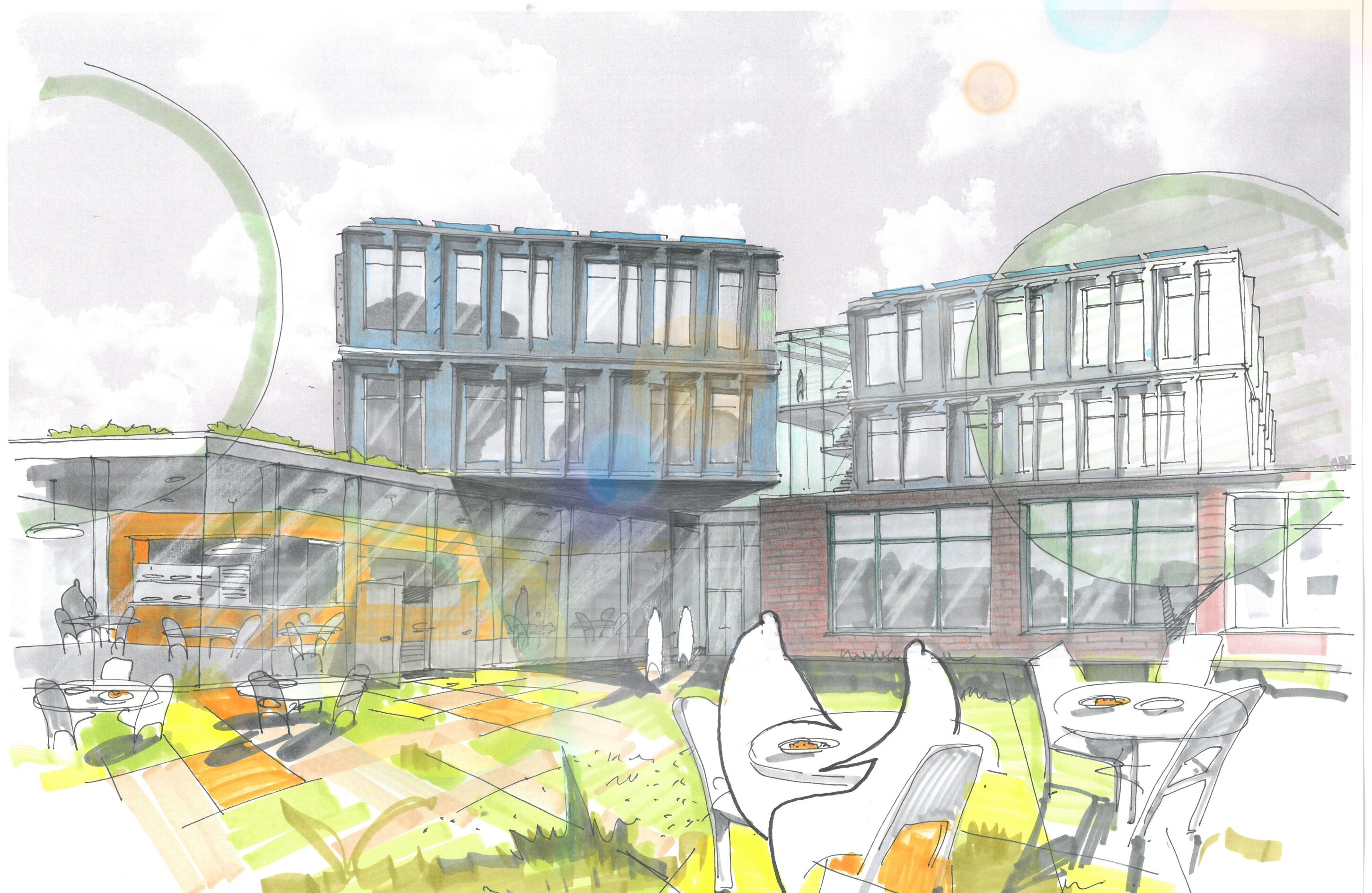 Project by Behnisch Architekturbuero, New Educational Center Handwerkskammer Niederbayern. Illustration of a courtyard with caf&eacute;-style seating, grass, and modern buildings, with people seated at tables and walking between structures.