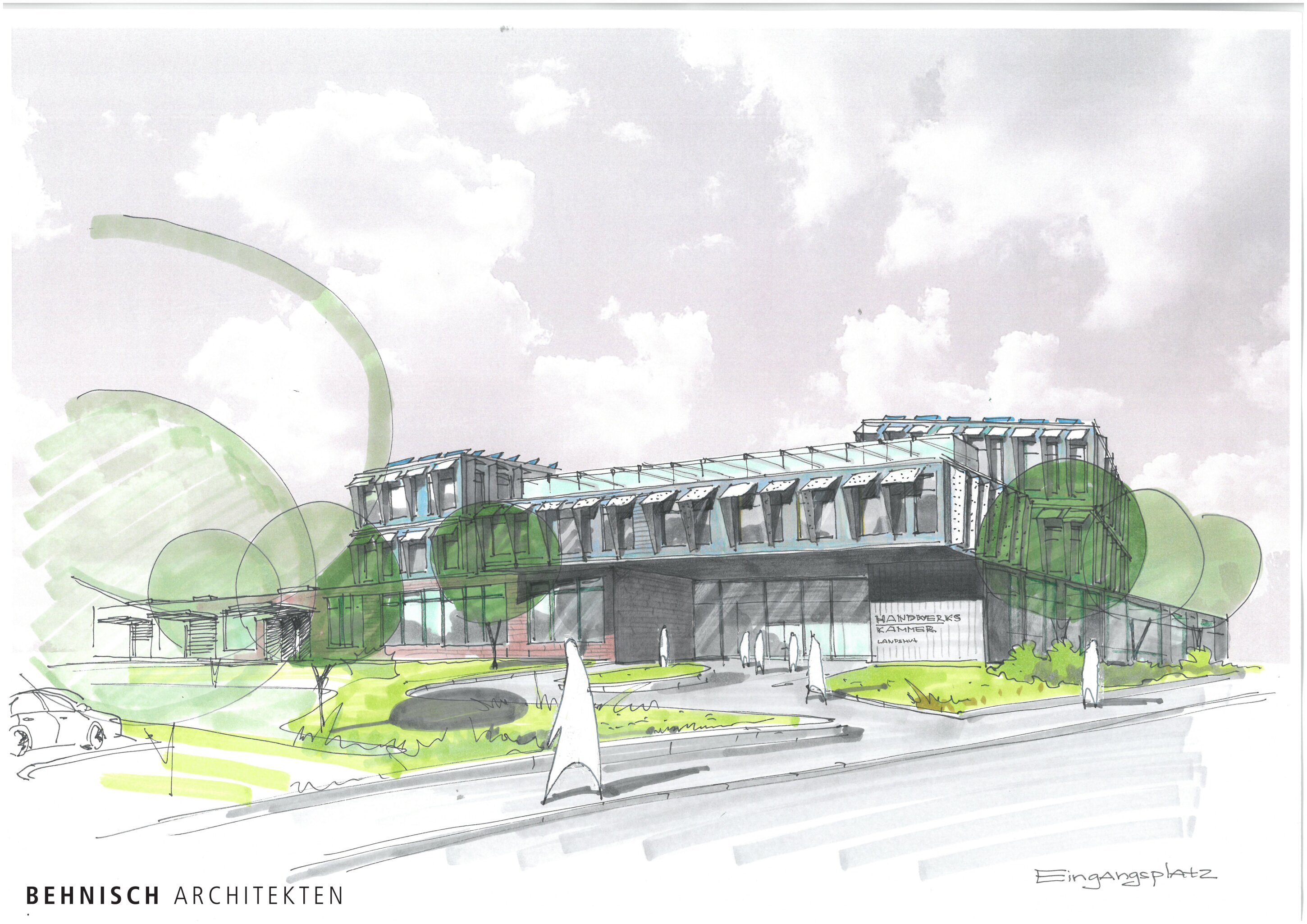 Project by Behnisch Architekturbuero, New Educational Center Handwerkskammer Niederbayern. Illustration of a modern building with landscaped entrance plaza, paths, greenery, and people walking toward the main entrance.
