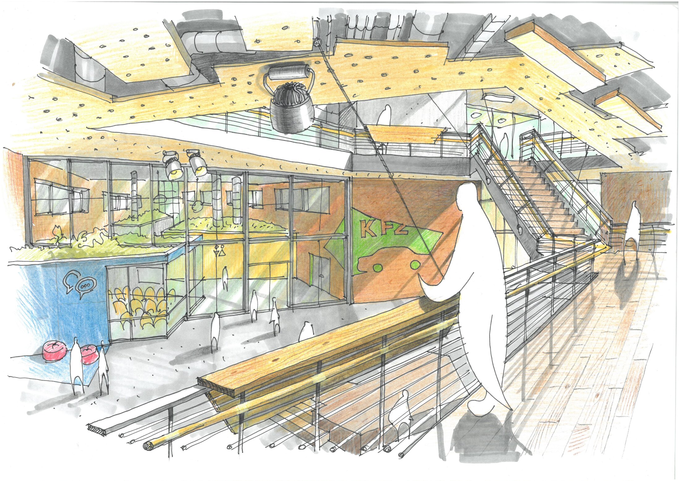 Project by Behnisch Architekturbuero, Educational Center Landshut. Hand-drawn sketch of interior atrium with stairs, walkways, and people figures.