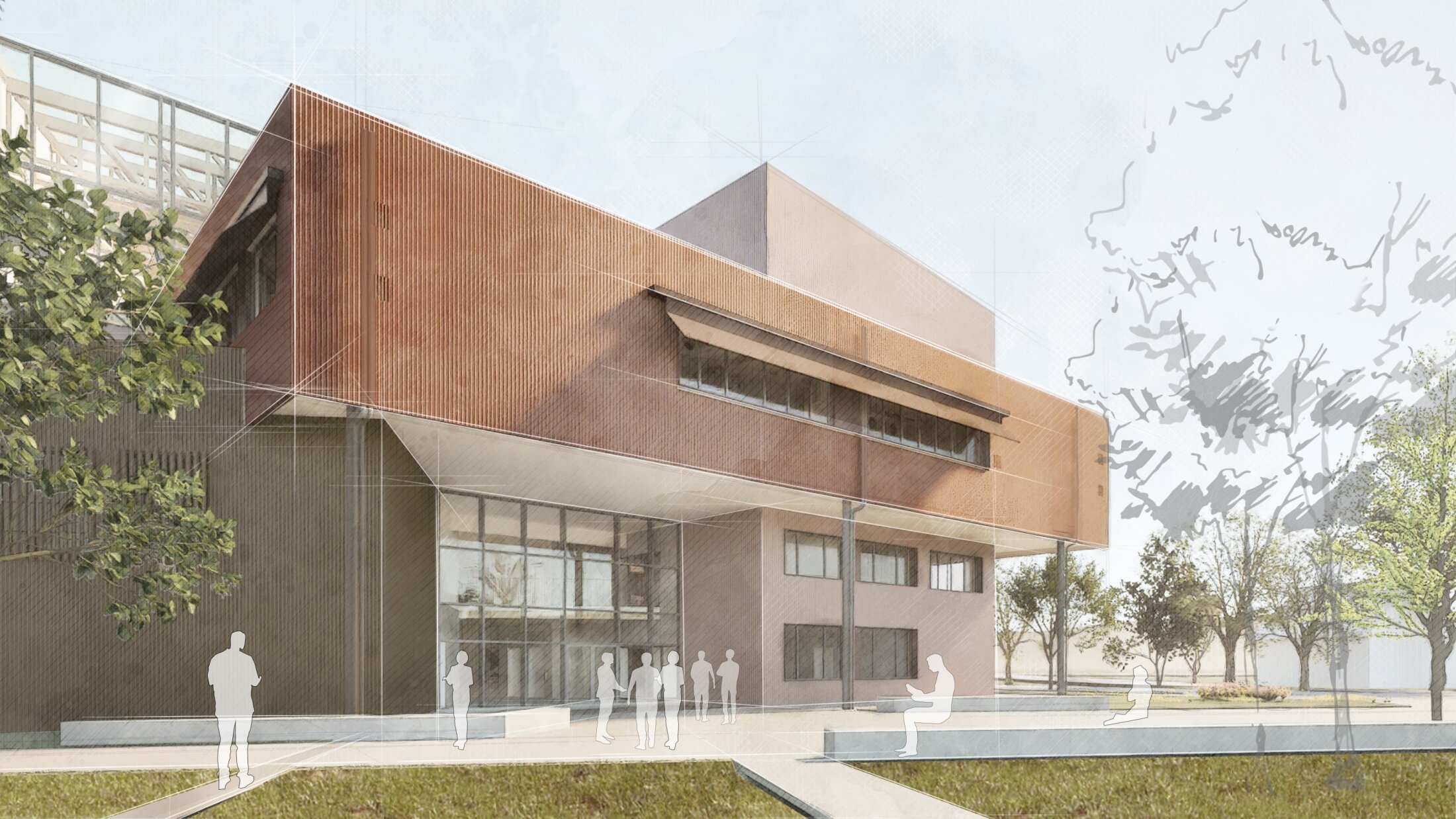 Project by Behnisch Architekturbuero, Educational Center Landshut. Architectural rendering of a modern building with a red facade and canopy, with people gathered in the square. Trees and greenery surround the building and the square.