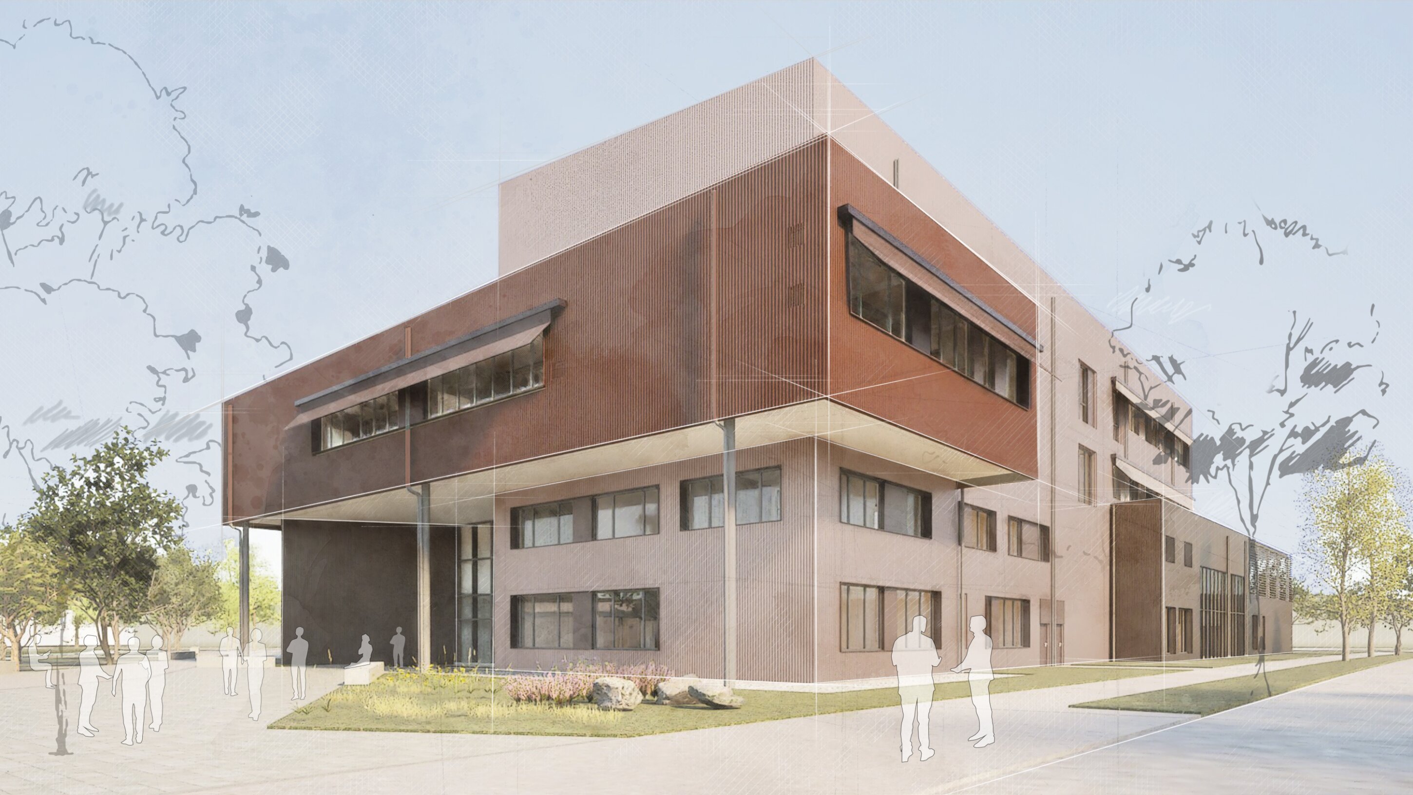 Project by Behnisch Architekturbuero, New Educational Center Handwerkskammer Niederbayern. Modern multi-story building with red and light facades, large windows, and people walking around landscaped outdoor areas.
