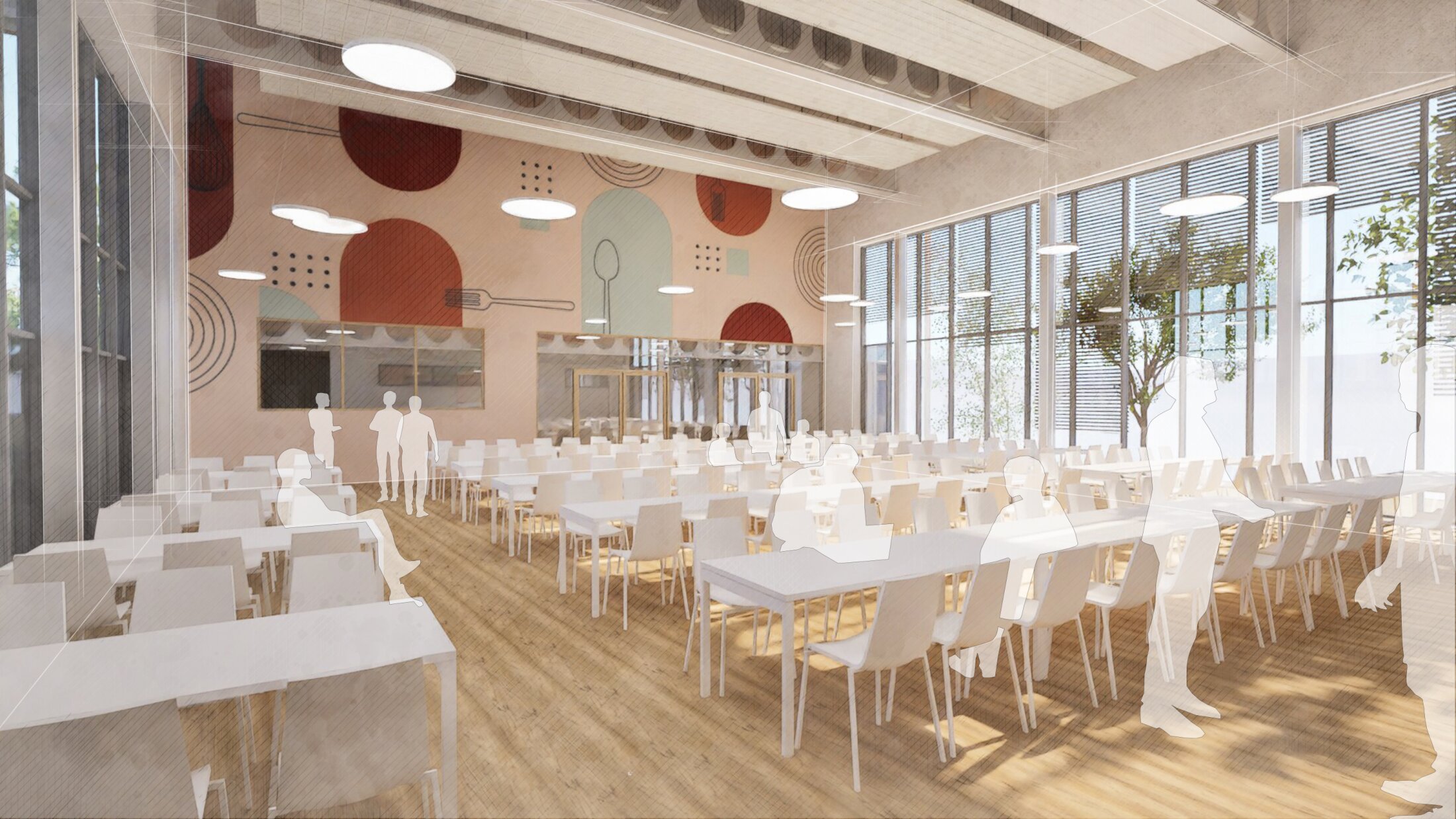 Project by Behnisch Architekturbuero, Educational Center Landshut. Architectural rendering of a cafeteria with tables and chairs, high ceiling, large windows and wooden floor.