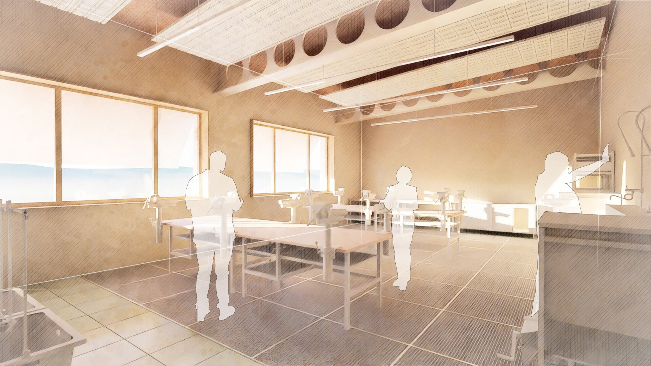 Project by Behnisch Architekturbuero, Educational Center Landshut. Architectural rendering of workshop classroom with worktables, machines, large windows, and people who are working on projects.