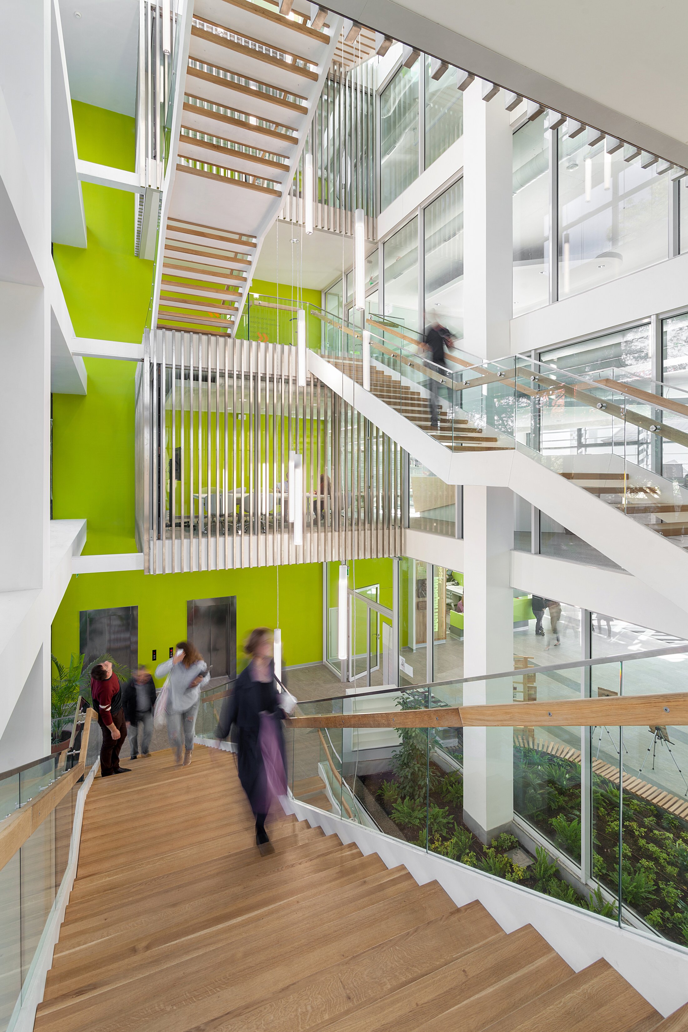 Project by Behnisch Architekturbuero, The Metropolitan Sheptytsky Center, Ukrainian Catholic University Lviv. Interior atrium with green walls, glass railings, and wooden stairs. People are moving between levels in the bright multi-story building.