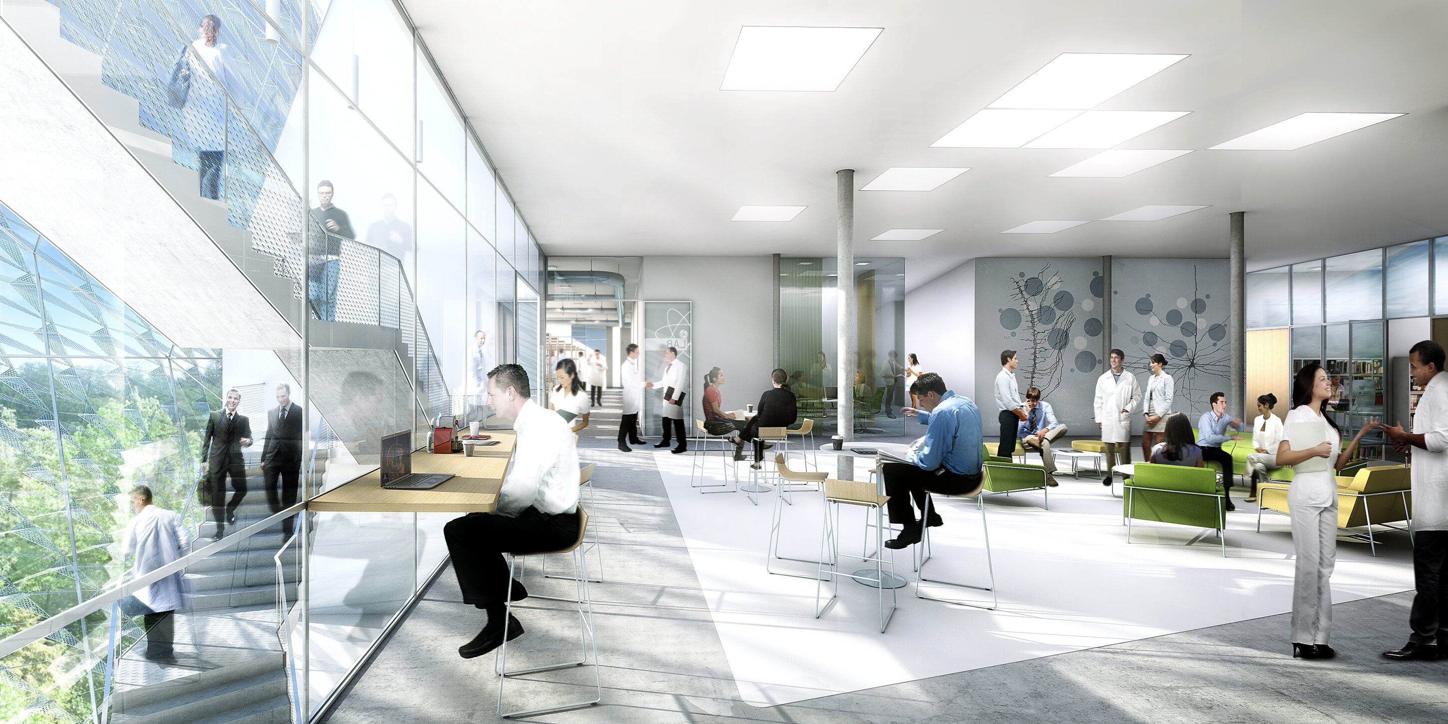 Project by Behnisch Architekturbuero, AGORA P&ocirc;le de recherche sur le cancer. Bright open office lounge with glass wall and stairs, people working, meeting, and sitting at tables and sofas in a modern interior.