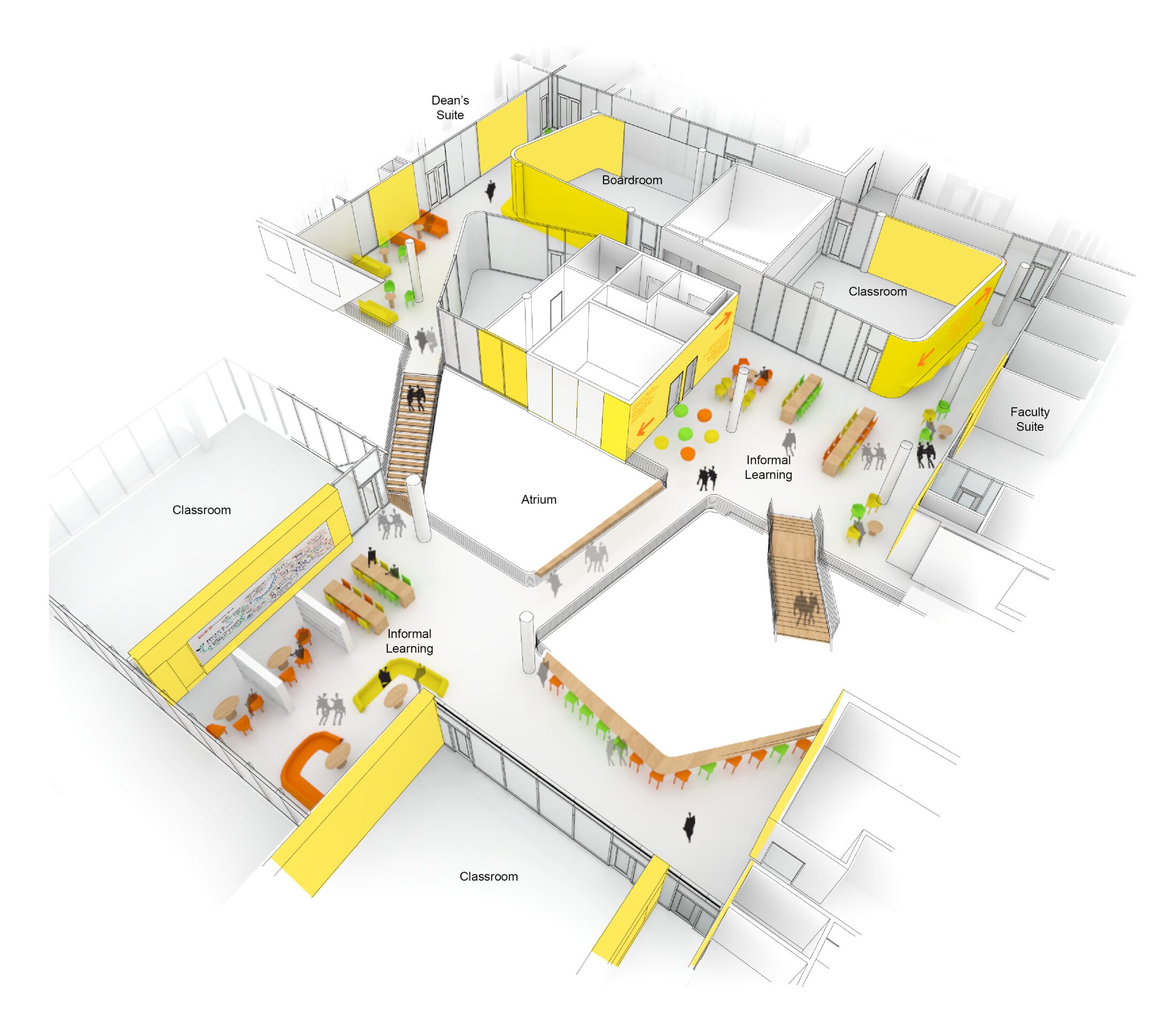 Project by Behnisch Architekturbuero, Karl Miller Center. 3D floor plan of a school level with labeled classrooms, atrium, boardroom, faculty and dean&rsquo;s suites, and informal learning areas.