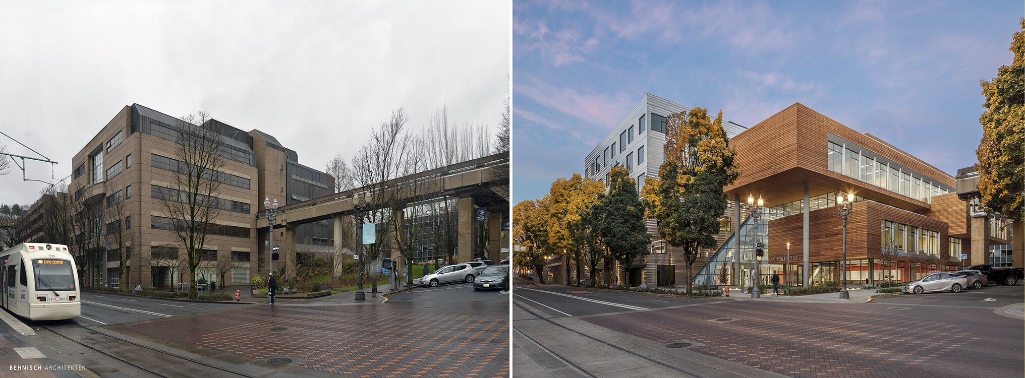 Project by Behnisch Architekturbuero, Karl Miller Center. A split-screen view of a building: on the left, an older building on a gray day; on the right, a modern building made of glass and wood at dusk. This is a before-and-after photograph.