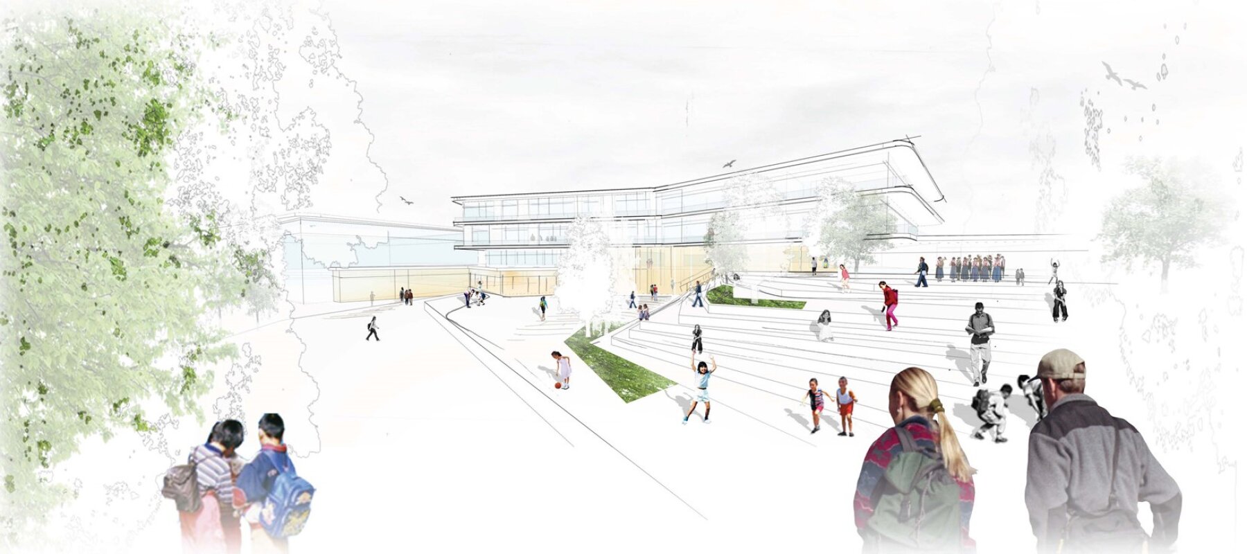 Project by Behnisch Architekturbuero, Anna-Pr&ouml;ll Secondary School and Sports Hall. Architectural rendering of the courtyard of the school with stepped seating, trees, and students walking and gathering in front of the school building.