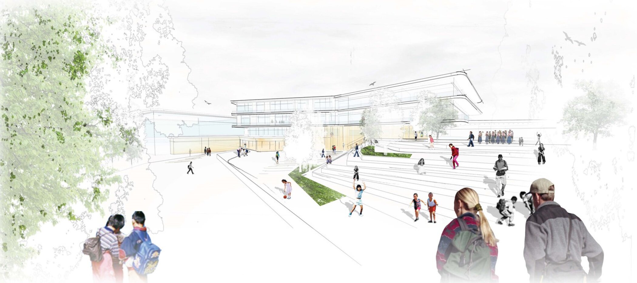 Project by Behnisch Architekturbuero, Anna-Pr&ouml;ll Secondary School and Sports Hall. Architectural rendering of the courtyard of the school with stepped seating, trees, and students walking and gathering in front of the school building.