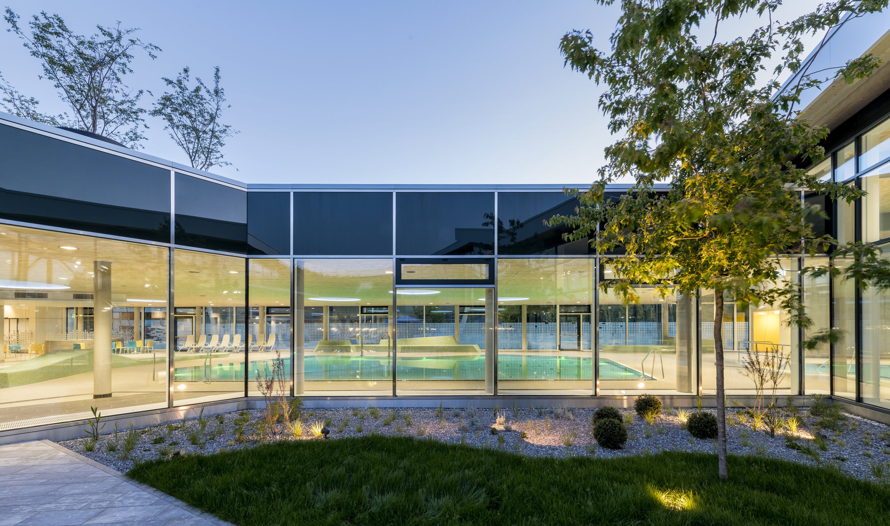 Project by Behnisch Architekturbuero, Sportbad Friedrichshafen. Glass facade of a building at dusk, revealing an indoor pool, with landscaped garden and a tree in the foreground.