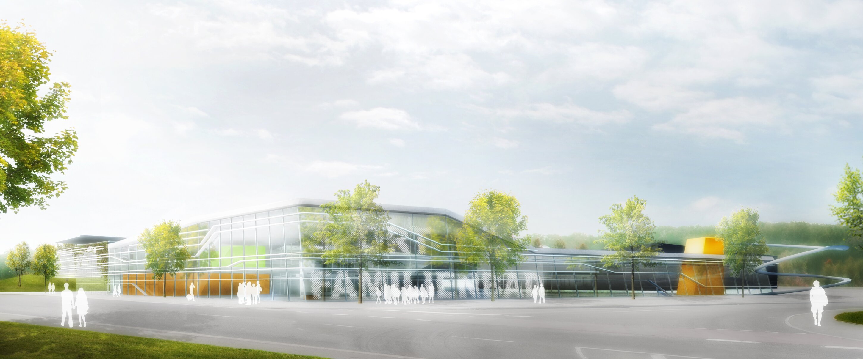 Project by Behnisch Architekturbuero, Sportbad Friedrichshafen. Rendering of a modern glass sports arena with trees and people along a wide street, under a cloudy sky.