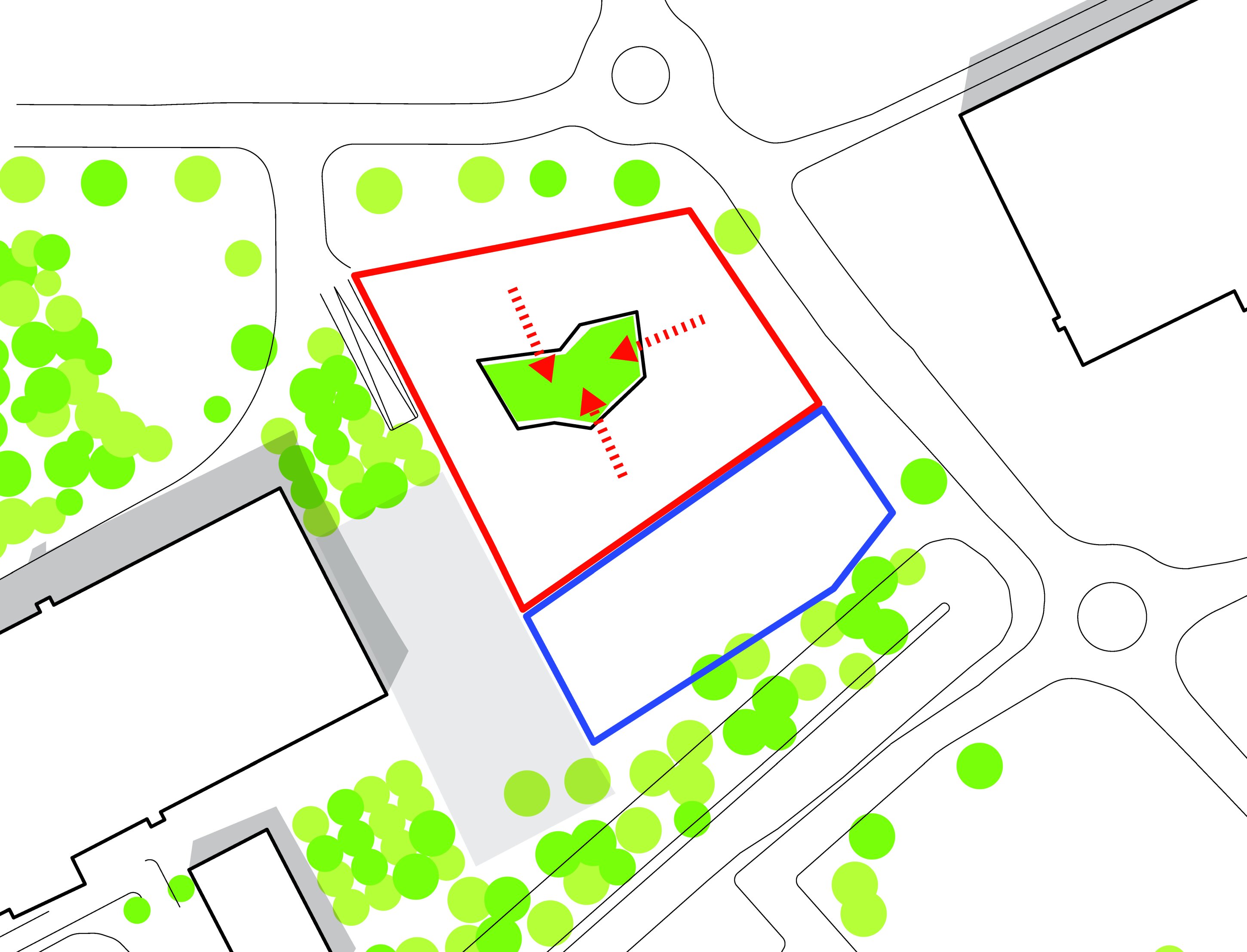 Project by Behnisch Architekturbuero, Sportbad Friedrichshafen. Site plan diagram with a central building footprint, red and blue boundary areas, surrounding streets, and trees marked as green circles.