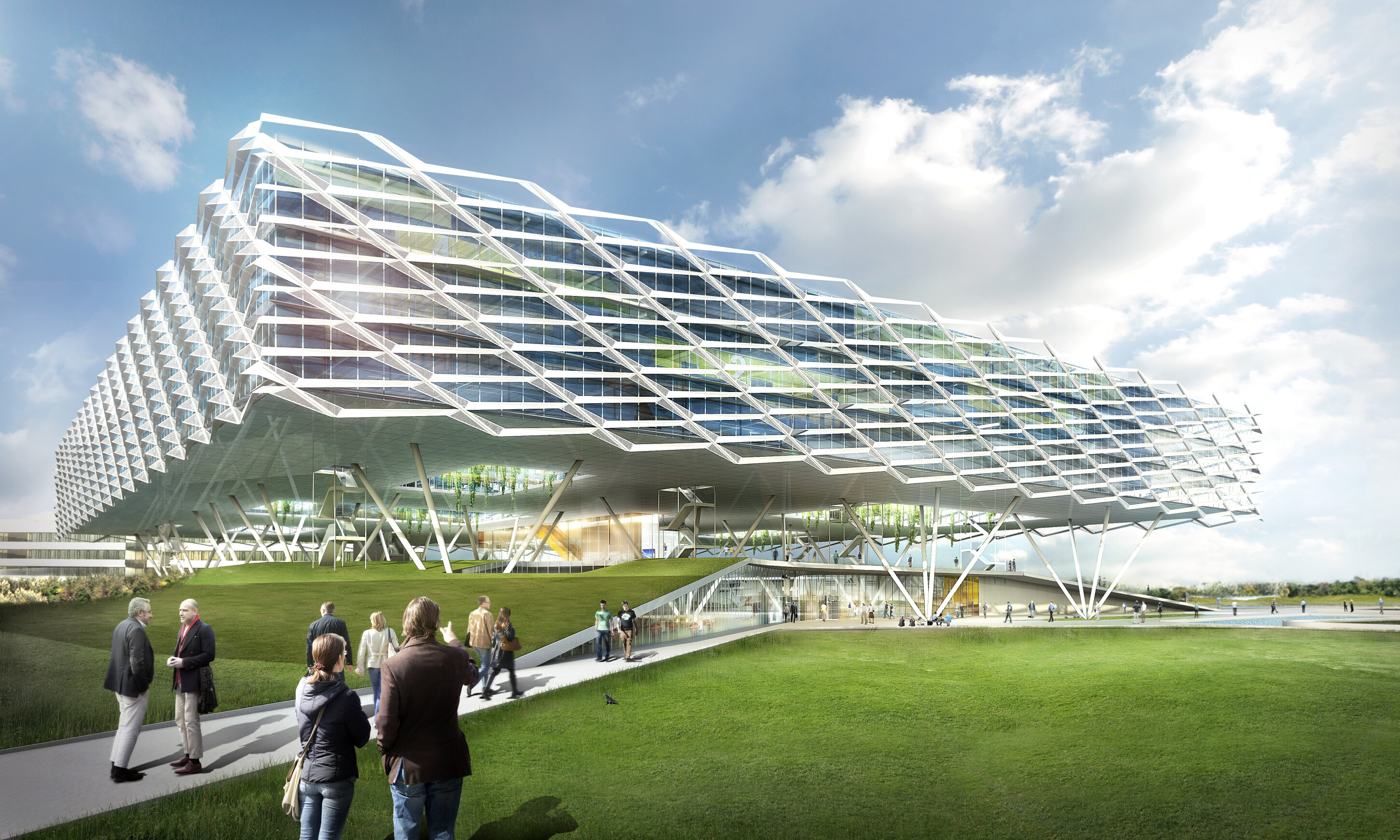 Project by Behnisch Architekturbuero, adidas ARENA. Large modern building with geometric facade on stilts, people walking on paths across a grassy landscape under a cloudy sky.