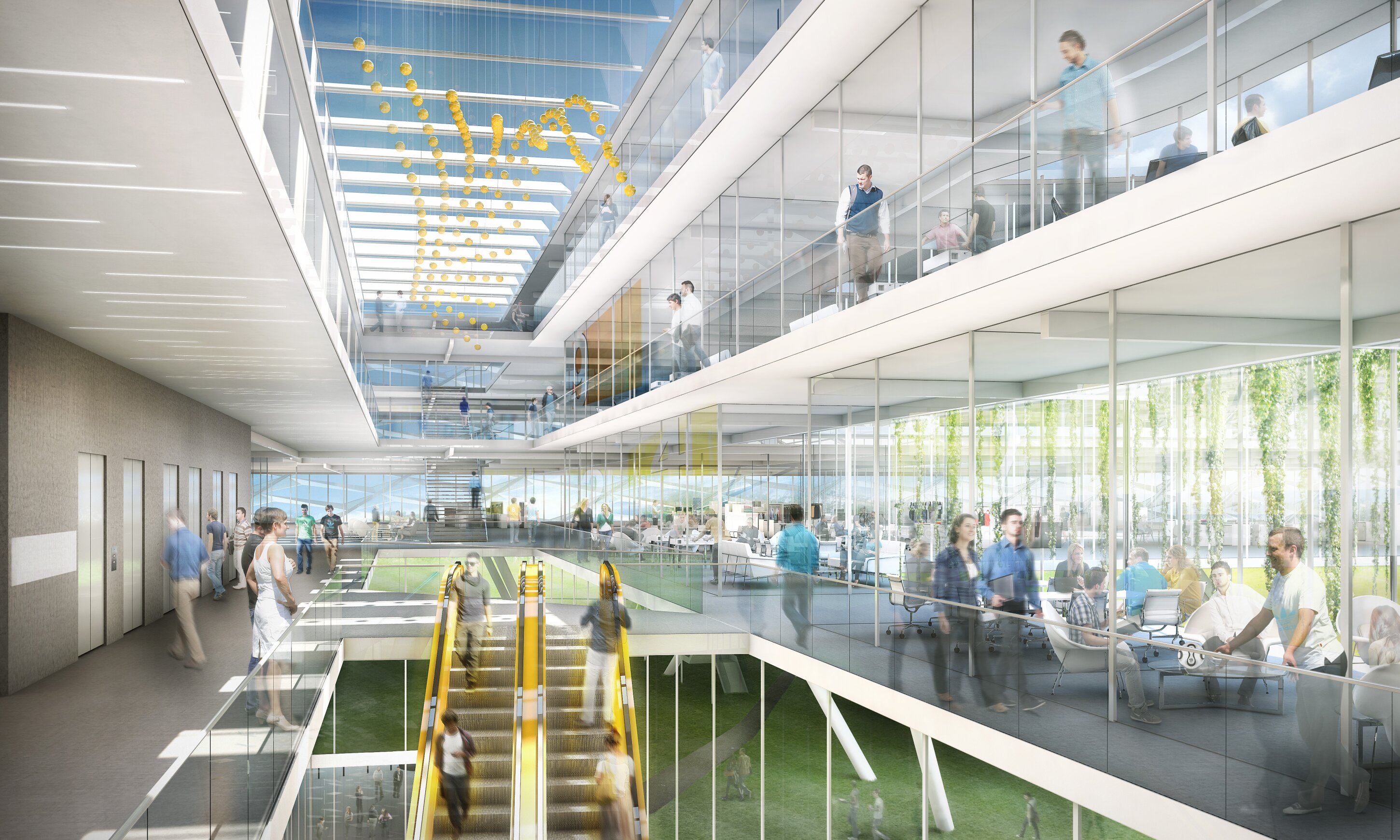 Project by Behnisch Architekturbuero, adidas ARENA. Bright multi-level atrium with glass walls, escalators, and people working and walking; yellow hanging sculpture above.