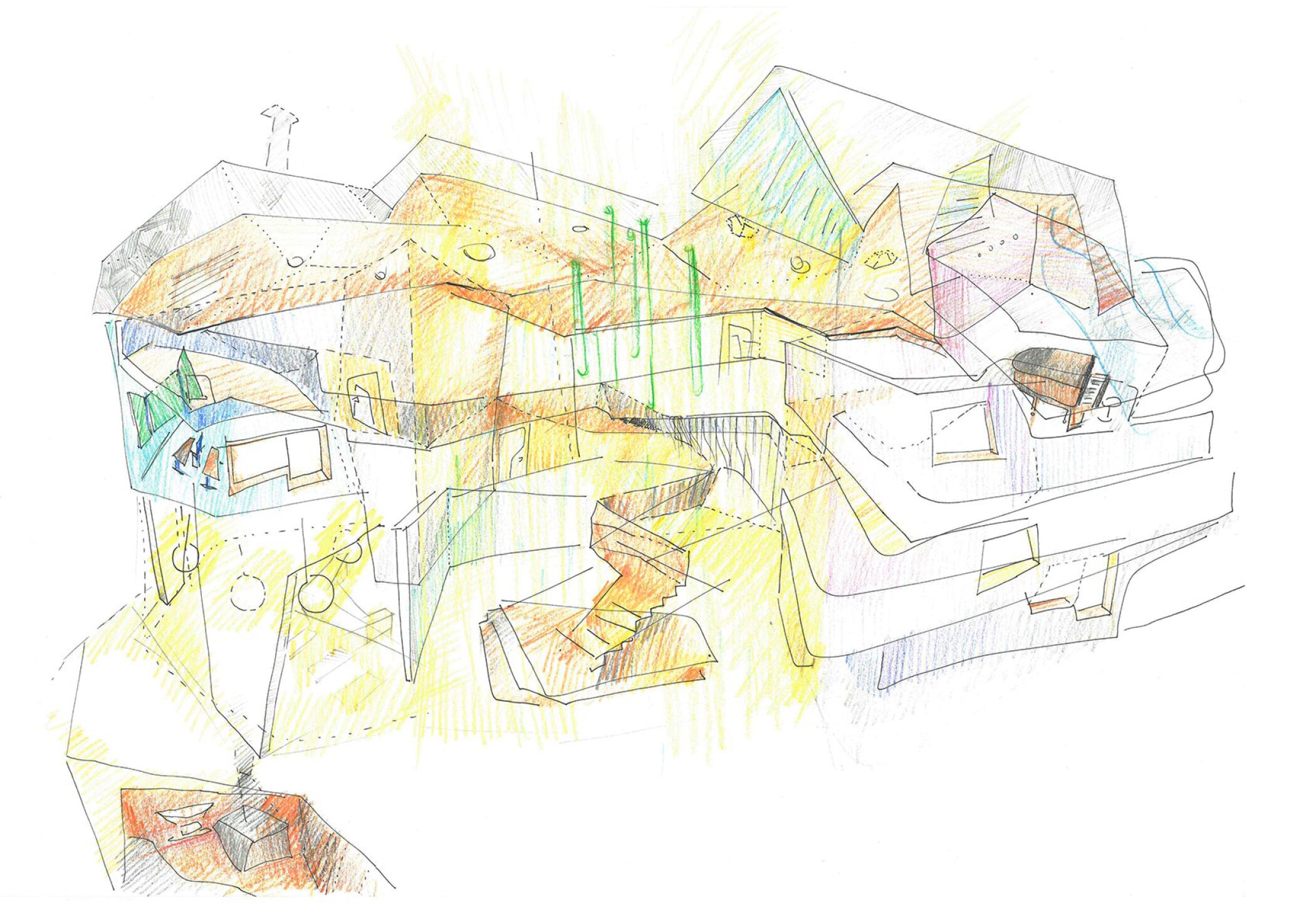 Project by Behnisch Architekturbuero, Freie Waldorfschule Uhlandshoehe - New School and Administration Building. Colorful sketch of an abstract building complex with angular roofs, interior spaces, stairs, and light and airflow indicated by lines and shading.