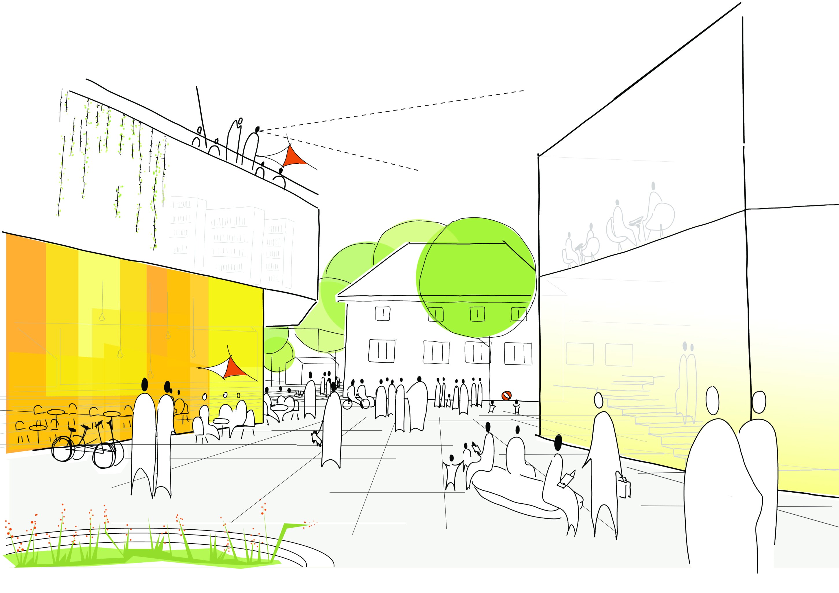 Project by Behnisch Architekturbuero, City Center Development Puchheim. Sketch of a public square with people walking and sitting, surrounded by buildings, trees, and highlighted yellow and green areas.