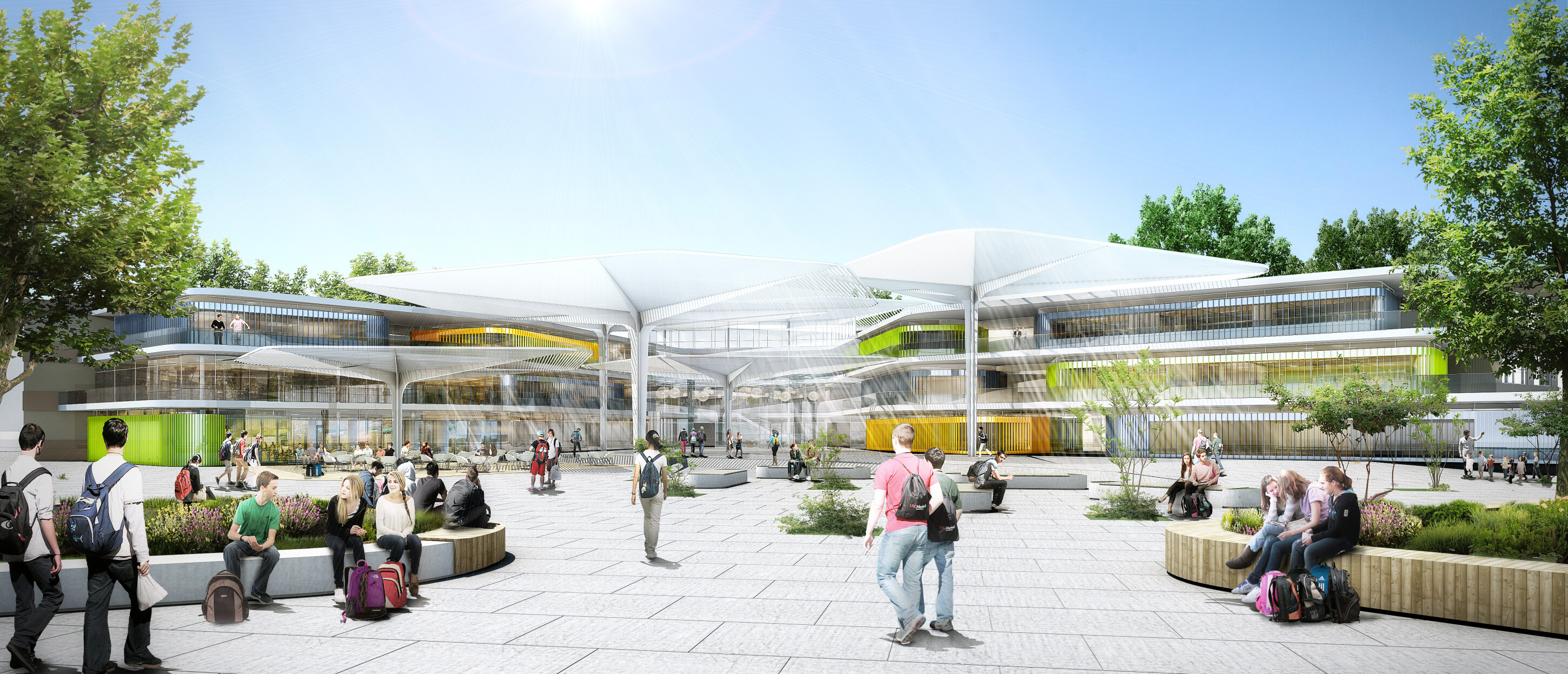 Project by Behnisch Architekturbuero, Lycee Franco Allemand. Architectural rendering of a large school courtyard with students sitting and walking, surrounded by modern buildings and wide canopy roofs.