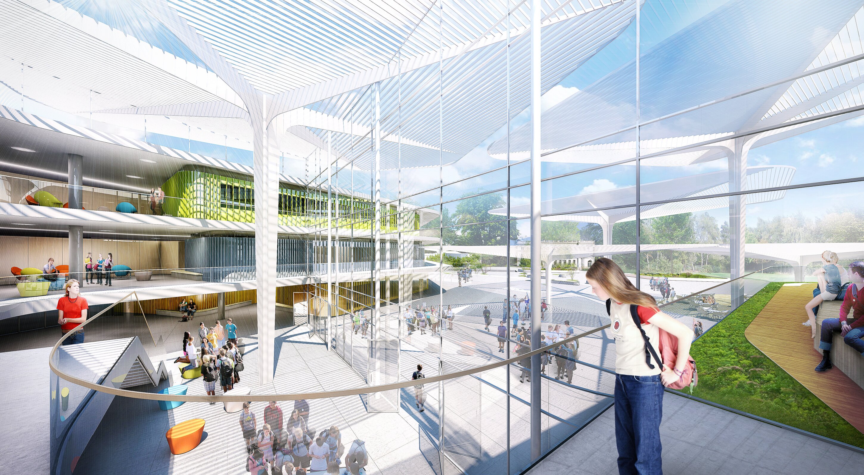 Project by Behnisch Architekturbuero, Lycee Franco Allemand. Interior rendering of a large school atrium with glass walls, multiple levels, and students gathered below and along a balcony walkway.