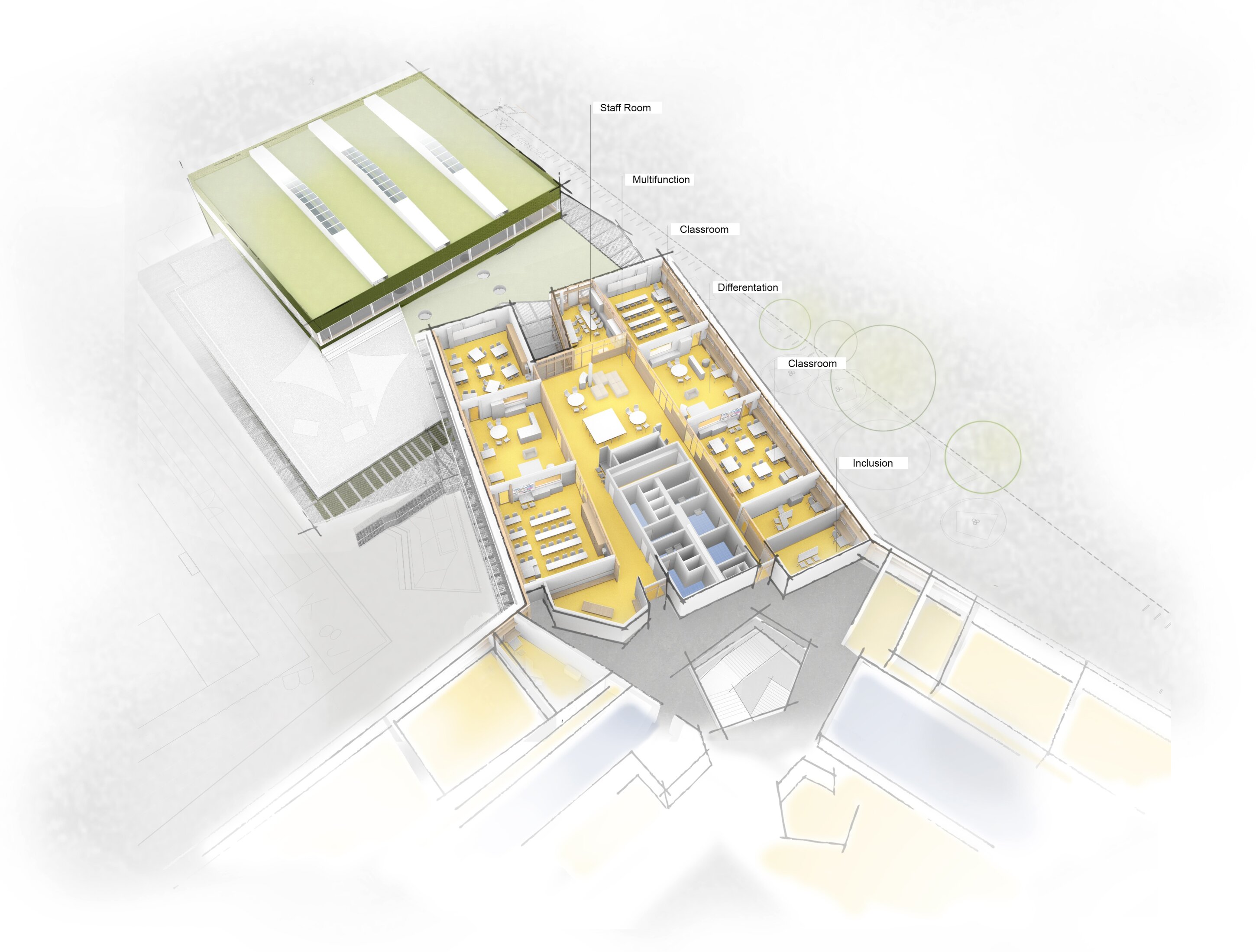 Project by Behnisch Architekturbuero, Primaryschool Infanteriestra&szlig;e. Axonometric floor plan of a school building with labeled rooms, including classrooms, staff room, and multifunction areas.