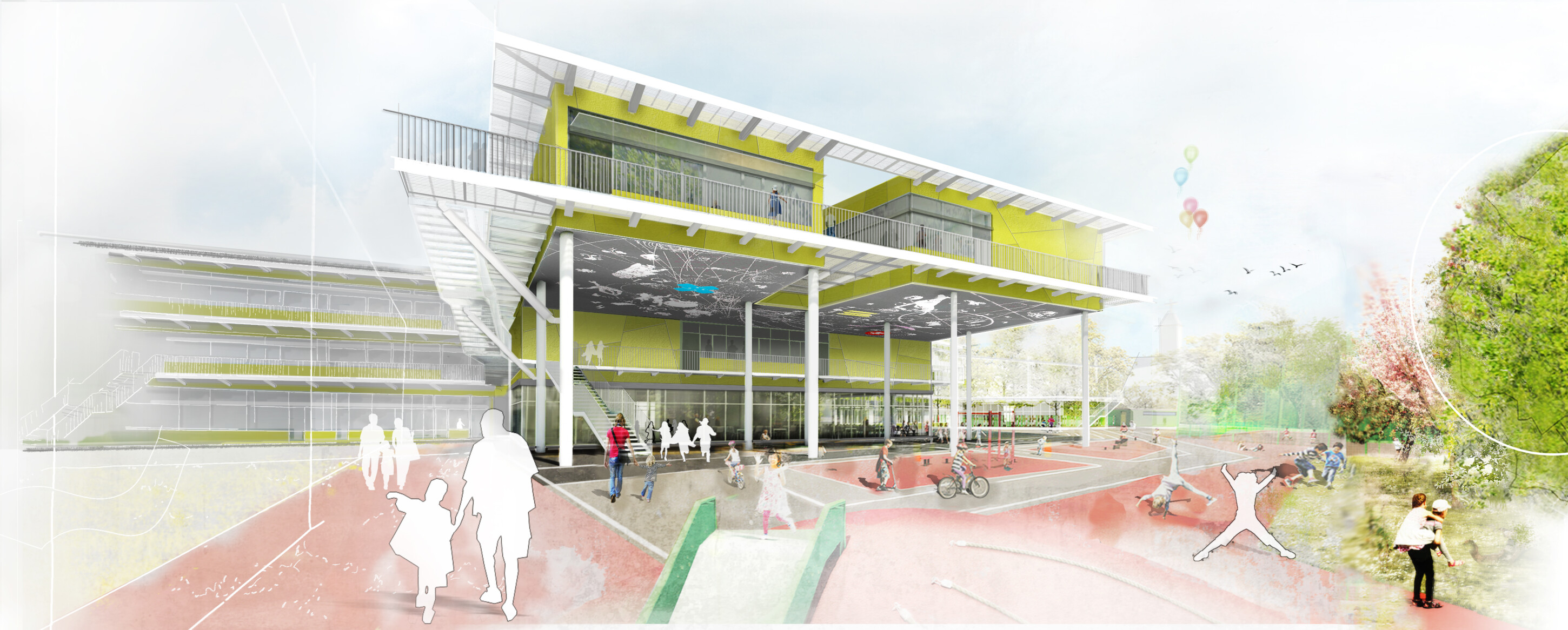 Project by Behnisch Architekturbuero, Primaryschool Infanteriestraße. Rendering of a modern school building on columns with an open ground level, surrounded by playground areas with children playing and people walking.