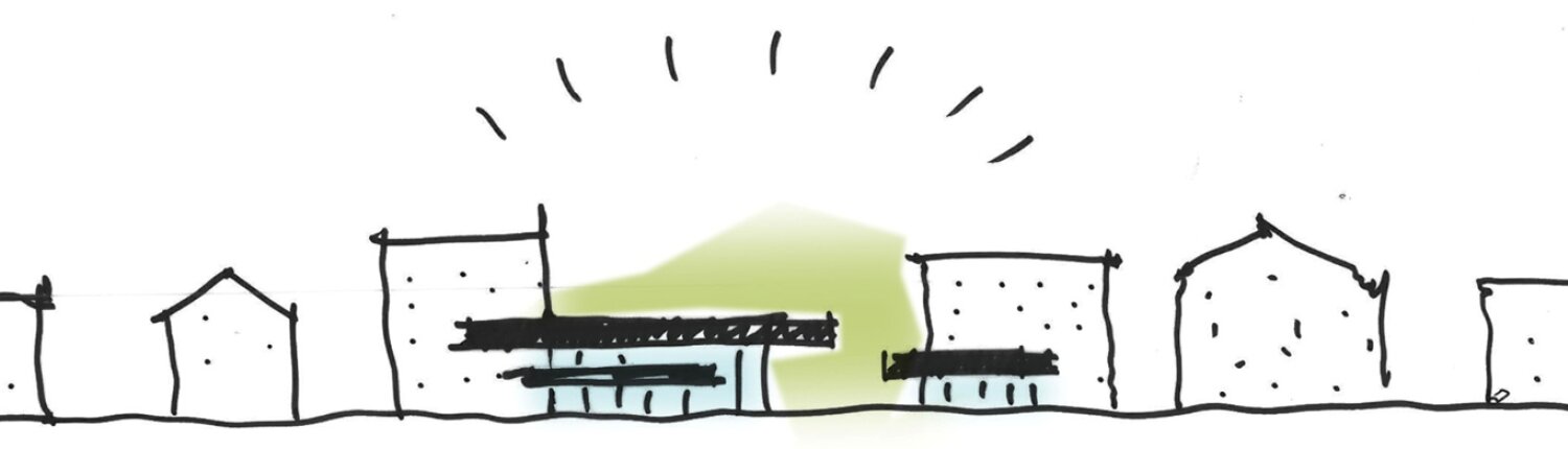 Project by Behnisch Architekturbuero, Mixed-use Building Rathausplatz. Hand-drawn concept sketch of the surrounding buildings and the highlighted central structure with radial lines running above it.