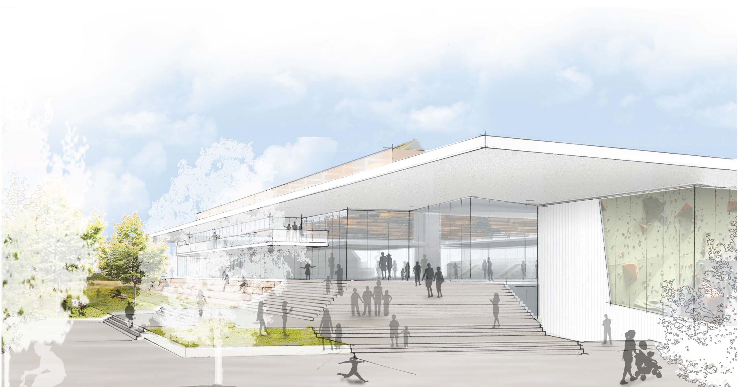 Project by Behnisch Architekturbuero, Center for Sports Science. Architectural rendering of a modern low-rise building with a glass facade, broad steps, and people gathered outside under a bright sky.