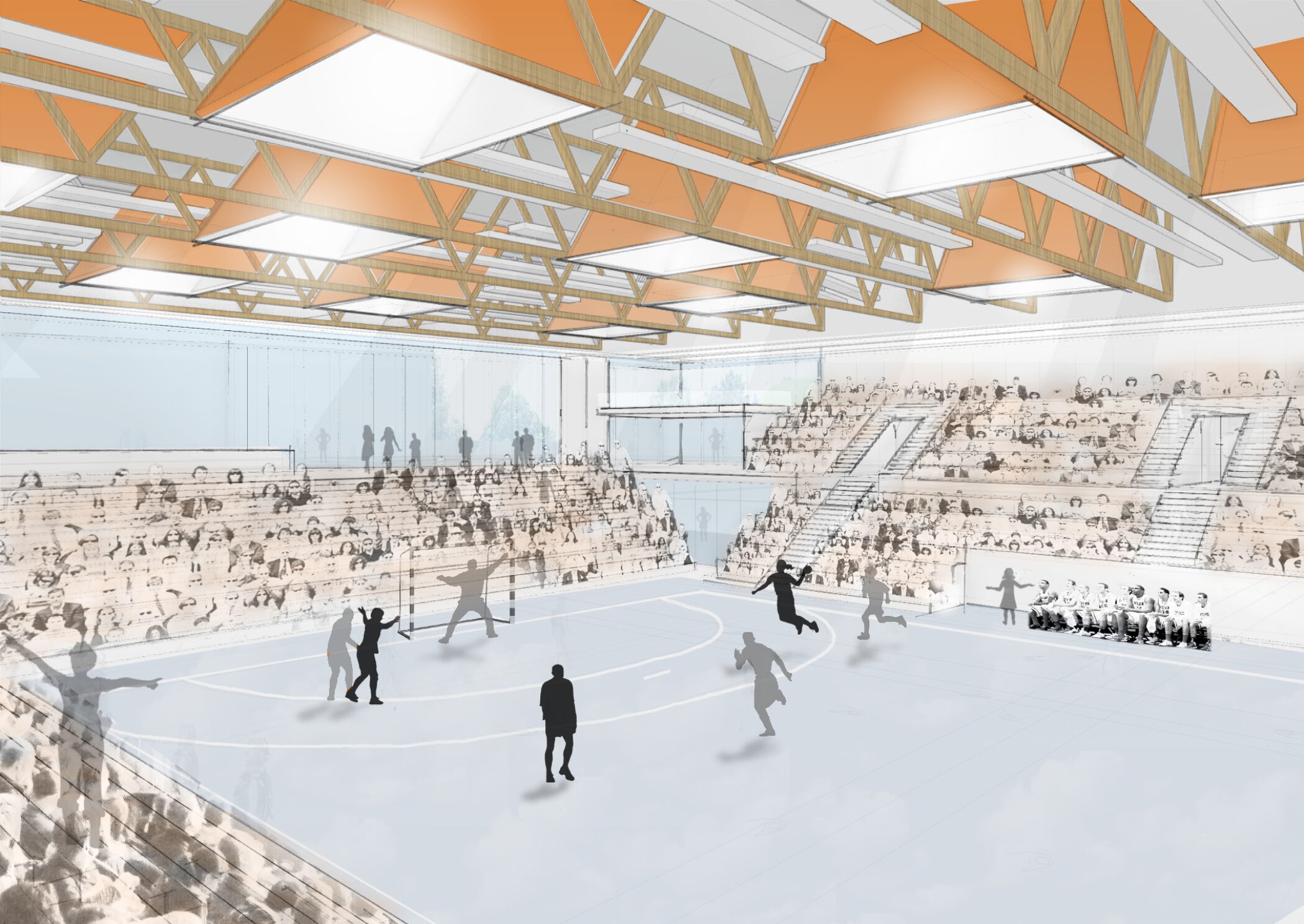 Project by Behnisch Architekturbuero, Center for Sports Science. Architectural rendering of an indoor sports hall with a court, players in action, and tiered spectator seating under a timber truss ceiling.