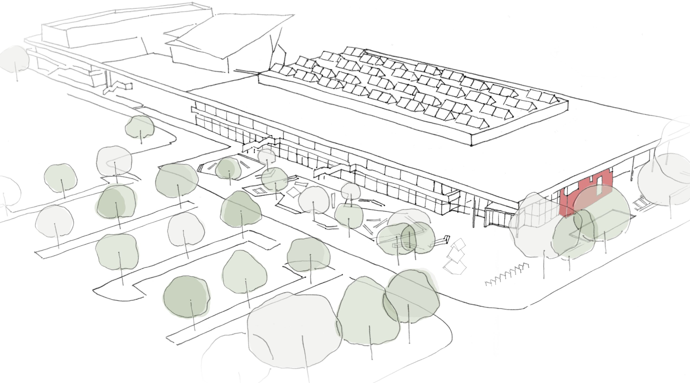 Project by Behnisch Architekturbuero, Family Center R&ouml;thelheim 11acht and Gerd Lohwasser Sports Hall. Sketch of a low building with rooftop units, surrounded by trees and paths, showing an entrance plaza and outdoor seating areas.