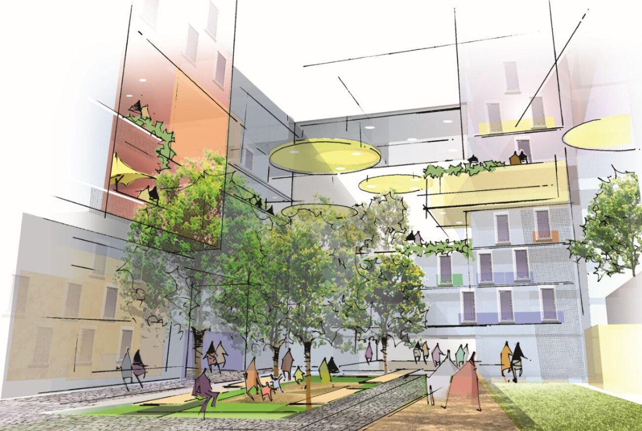Project by Behnisch Architekturbuero, Mezapark Riga. Concept sketch of a courtyard with trees, paths, and people, surrounded by multi-story buildings with balconies and overhead light elements.