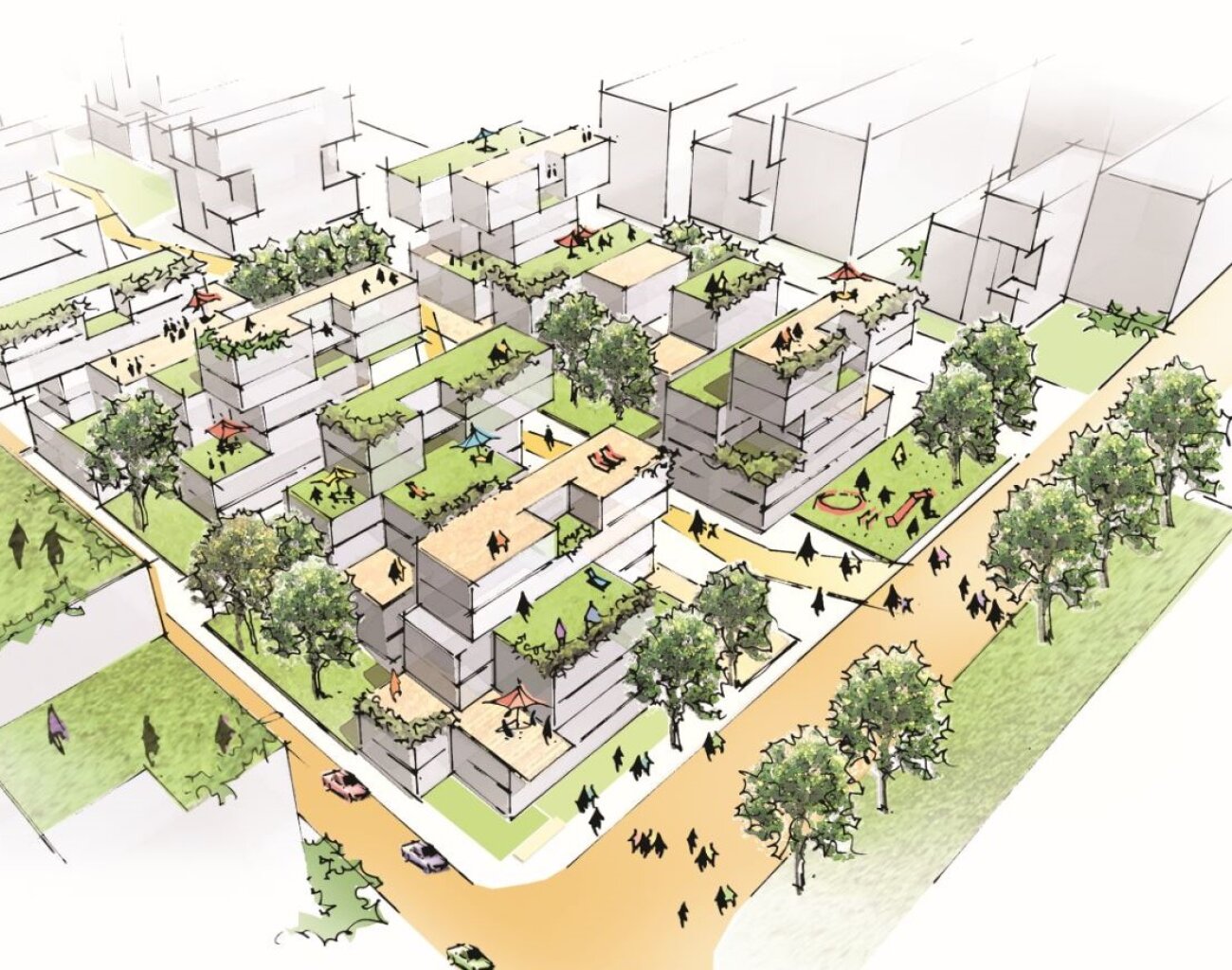 Project by Behnisch Architekturbuero, Mezapark Riga. Concept sketch of a dense housing block with stacked buildings, green roofs, trees, paths, and small figures showing outdoor activity.