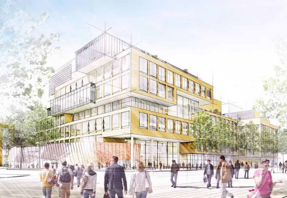 Project by Behnisch Architekturbuero, Harvard University Science and Engineering Complex (SEC). Concept illustration of a modern multi-story building with glass and yellow facade, surrounded by trees and people walking in an urban plaza.