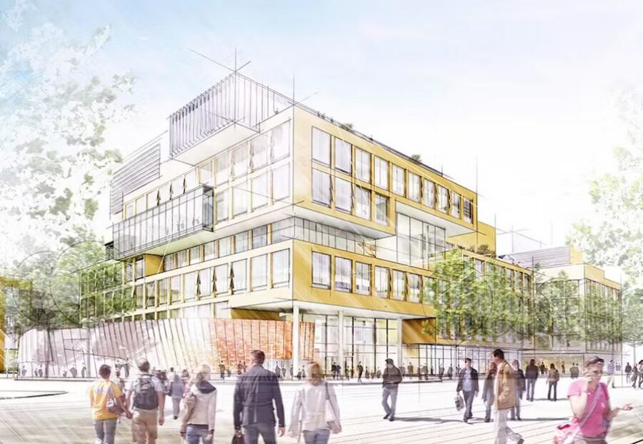 Project by Behnisch Architekturbuero, Harvard University Science and Engineering Complex (SEC). Concept illustration of a modern multi-story building with glass and yellow facade, surrounded by trees and people walking in an urban plaza.