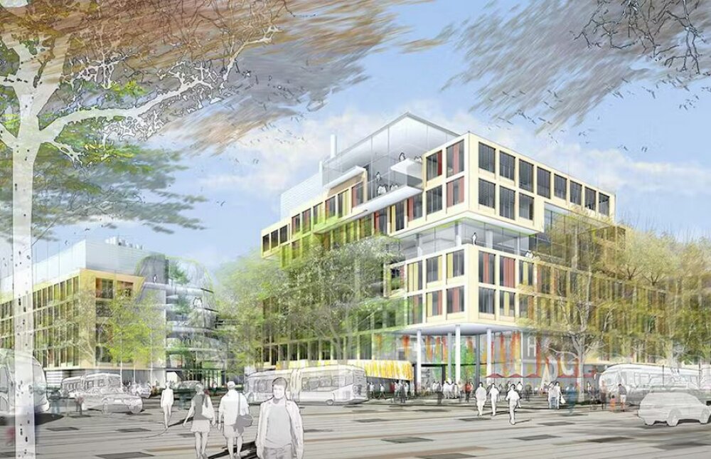 Project by Behnisch Architekturbuero, Harvard University Science and Engineering Complex (SEC). Concept rendering of a modern multi-story building with colorful facade, street-level shops, trees, and pedestrians in an urban setting.