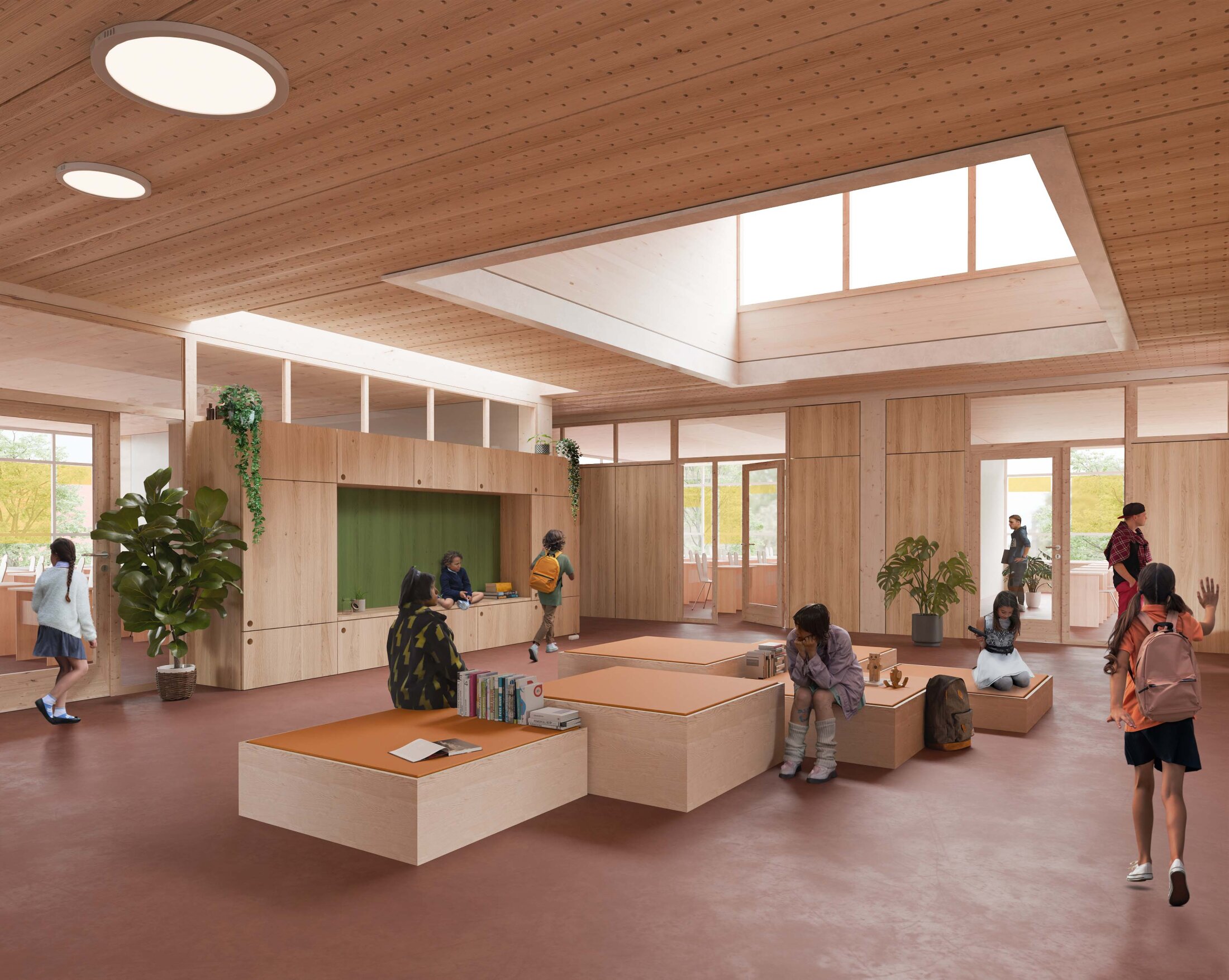 Project by Behnisch Architekturbuero, Elementary School Bad Neuenahr. A learning space with wood paneling, a skylight, seating, and plants. Children chat with each other or wait for the next lesson.