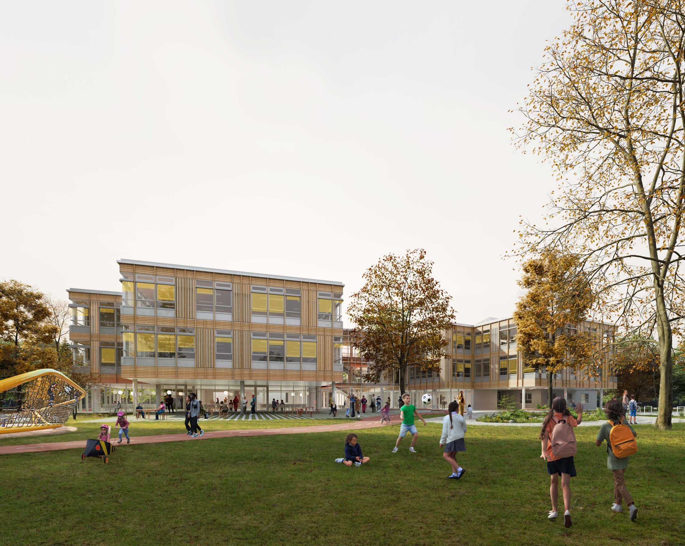 Project by Behnisch Architekturbuero, Elementary School Bad Neuenahr. School building with children playing on the lawn and playground. The building is surrounded by trees and green spaces.