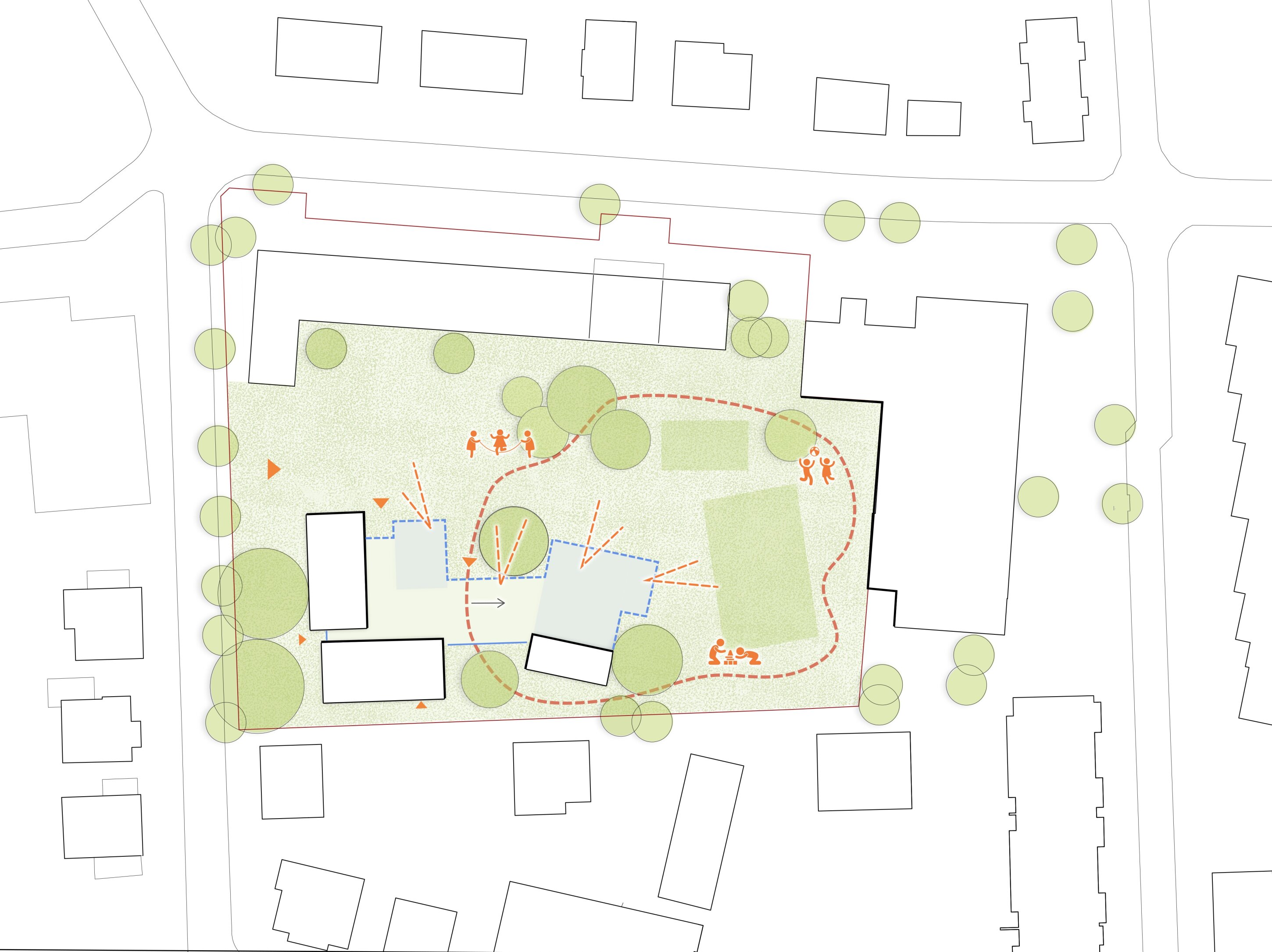 Project by Behnisch Architekturbuero, Elementary School Bad Neuenahr. Site plan showing a landscaped courtyard with paths, trees, and activity areas between buildings within a residential block.