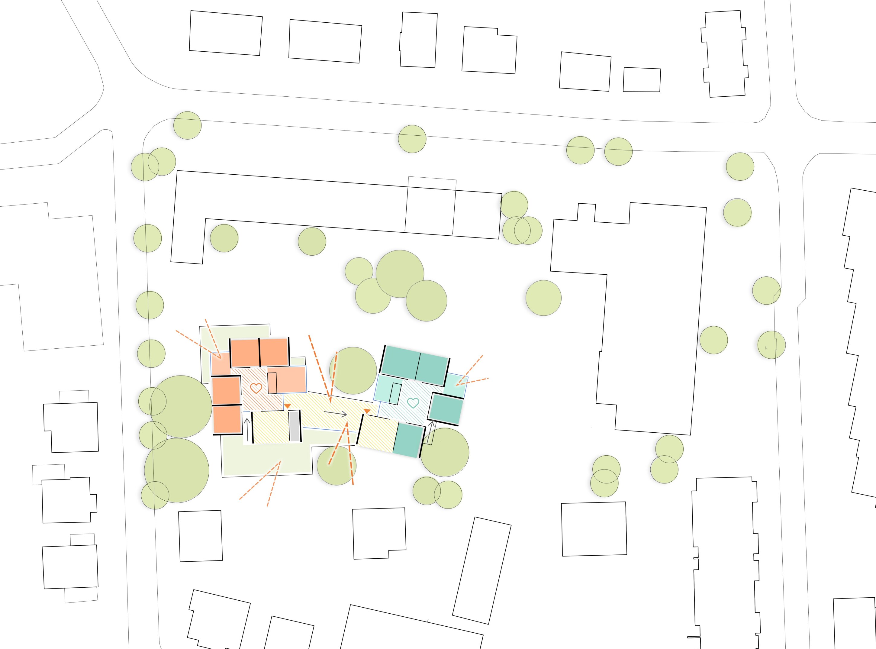 Project by Behnisch Architekturbuero, Elementary School Bad Neuenahr. Site plan showing small building clusters connected by a central path within a block, surrounded by trees, streets, and neighboring buildings.