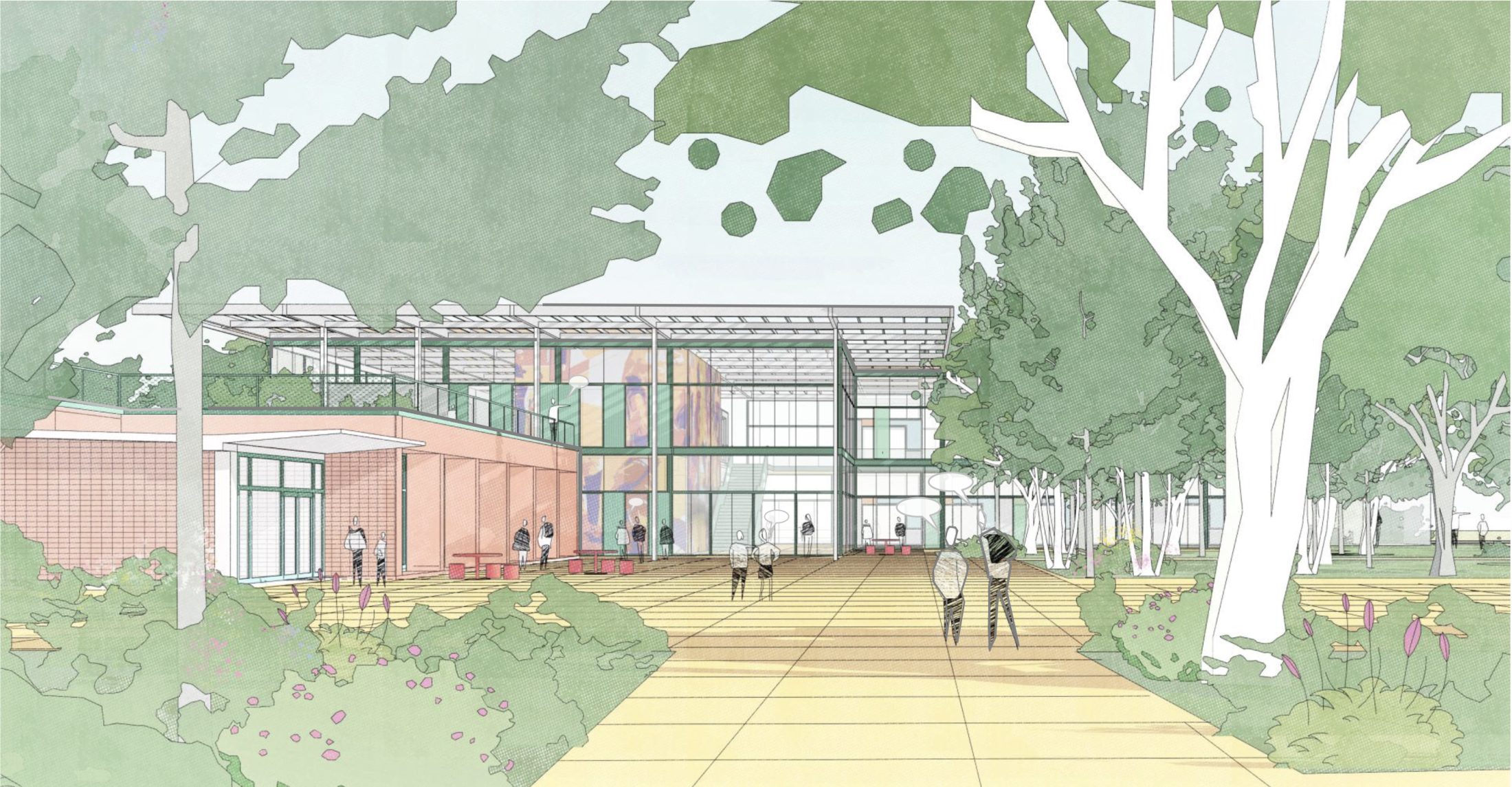 Project by Behnisch Architekturbuero, Campushouse Halle-Neustadt. Architectural rendering of a glass building with a covered outdoor area. The building is surrounded by trees and green spaces. Students, professors, and others are around the building.