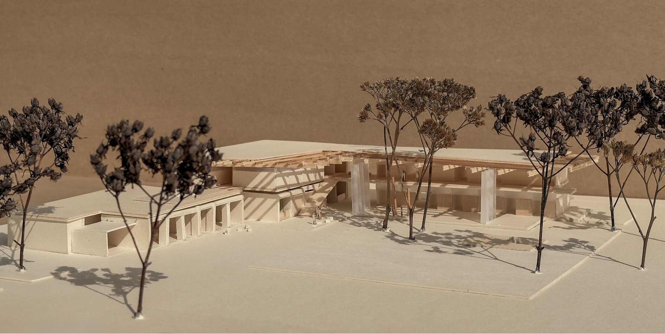 Project by Behnisch Architekturbuero, Josef-Schwarz School. Students and teachers are in a green outdoor area between the modern buildings. A raised bed with plants and trees can be seen on the right. A climbing frame is visible in the background on the left.