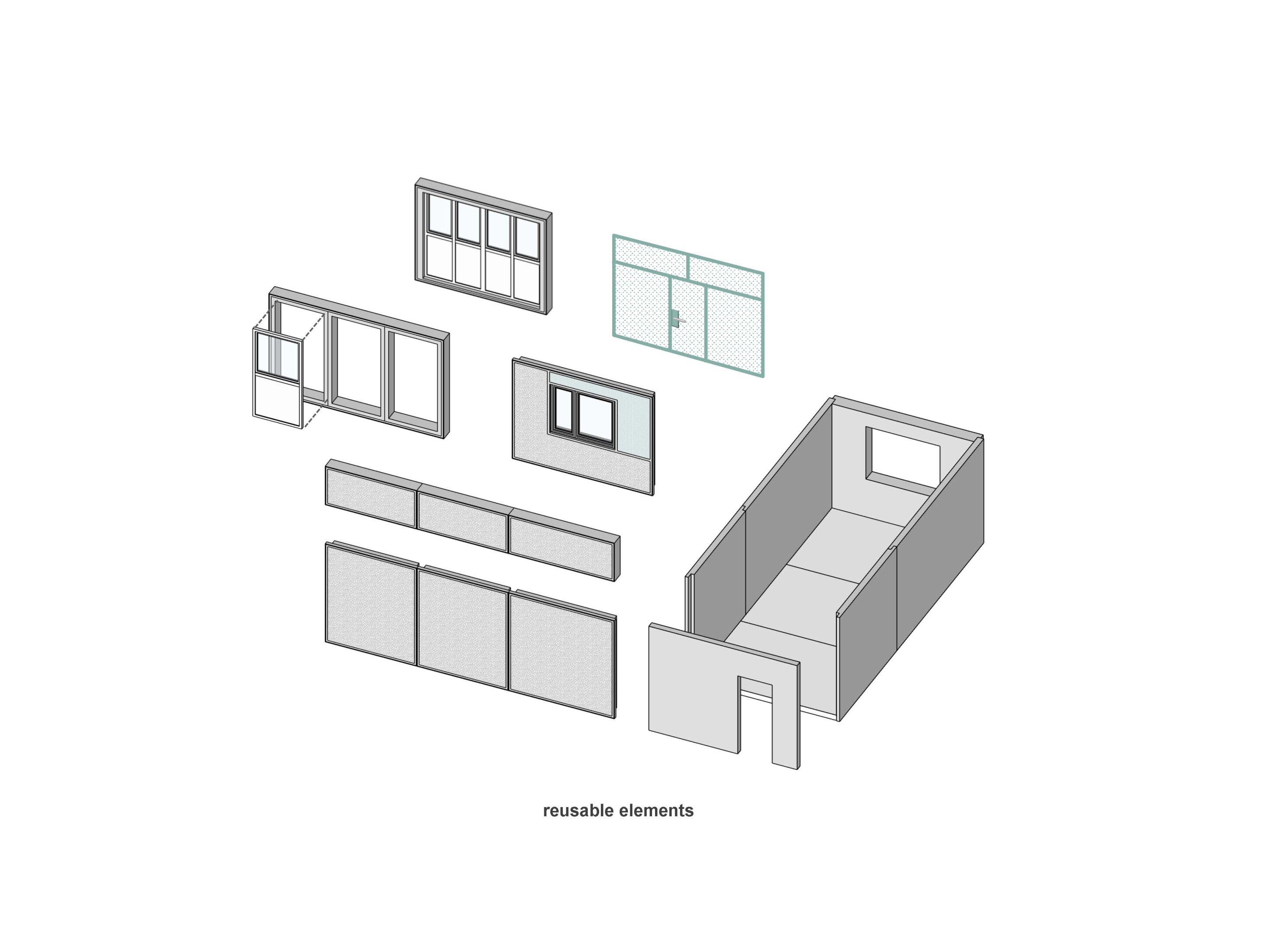 Project by Behnisch Architekturbuero, Campushouse Halle-Neustadt. Exploded diagram of a small building showing reusable elements like walls, windows, doors, and panels arranged around a simple room structure.