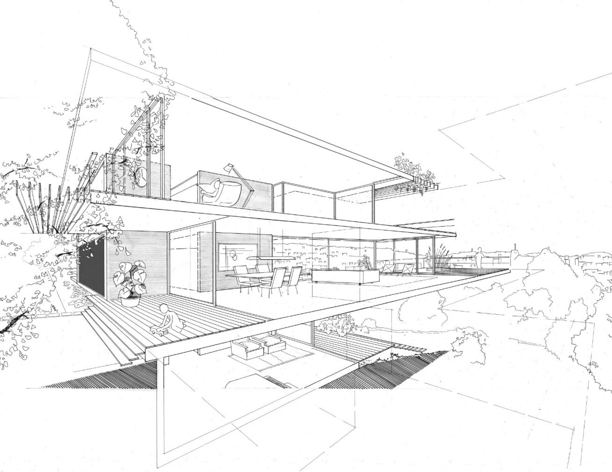Project by Behnisch Architekturbuero, Residential Development M&uuml;hlrain. Line drawing of a modern house in section perspective, showing open rooms, terrace, furniture, and surrounding trees on a sloped site.