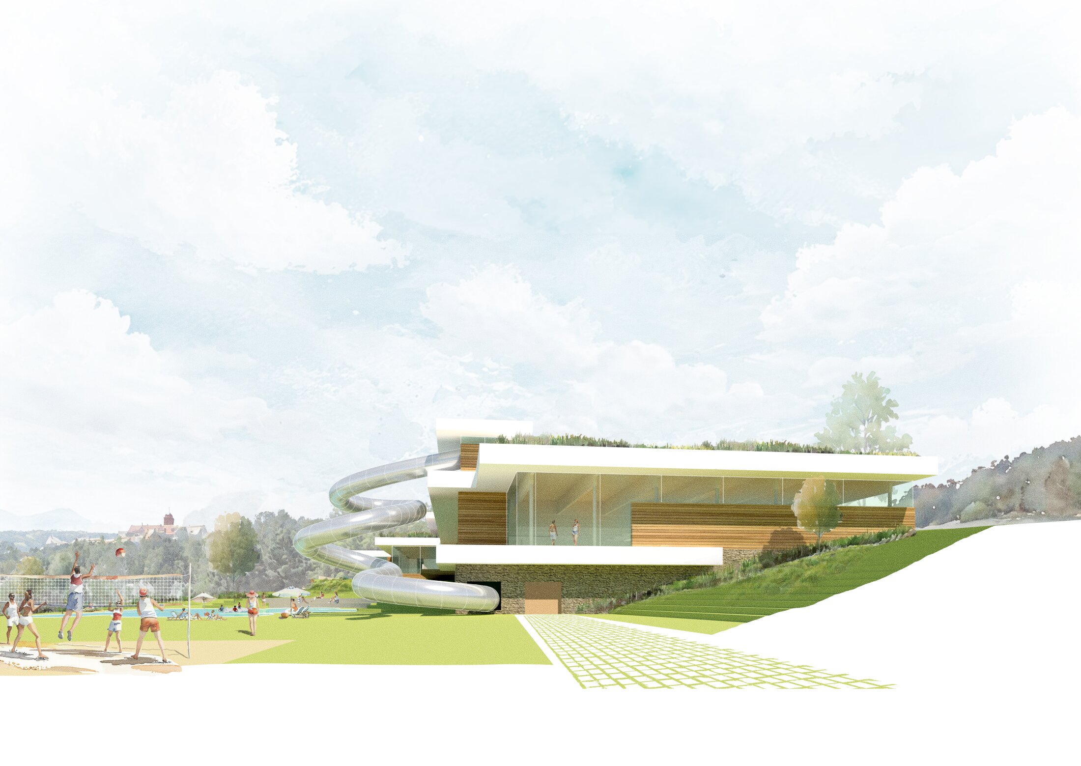Project by Behnisch Architekturbuero, Crana Mare Adventure Pool. Watercolor of modern building with slide, lawn, and people playing volleyball outdoors.