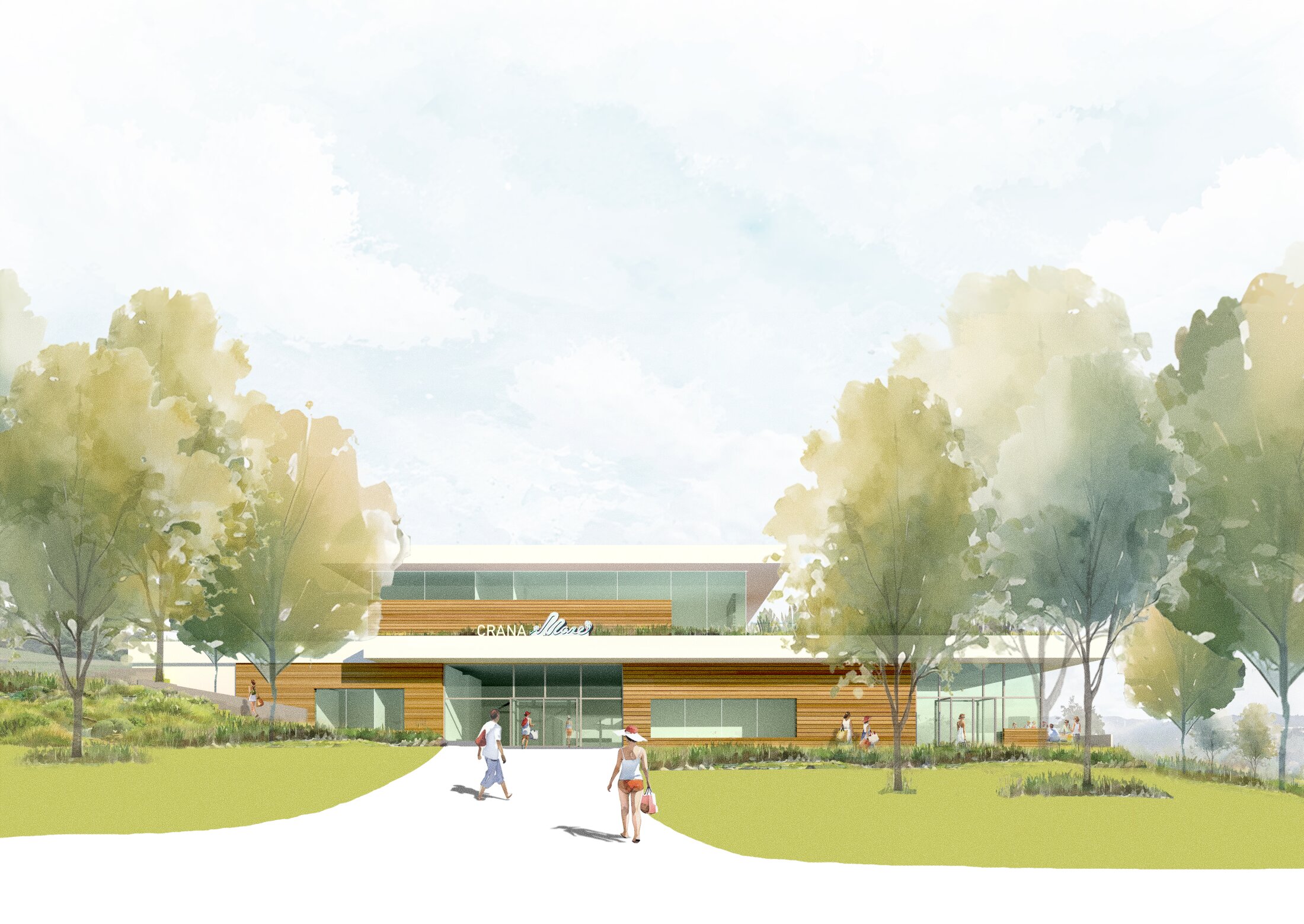 Project by Behnisch Architekturbuero, Crana Mare Adventure Pool. Watercolor view of a modern building with a wooden facade. In the foreground are trees, green spaces, and people approaching the entrance.